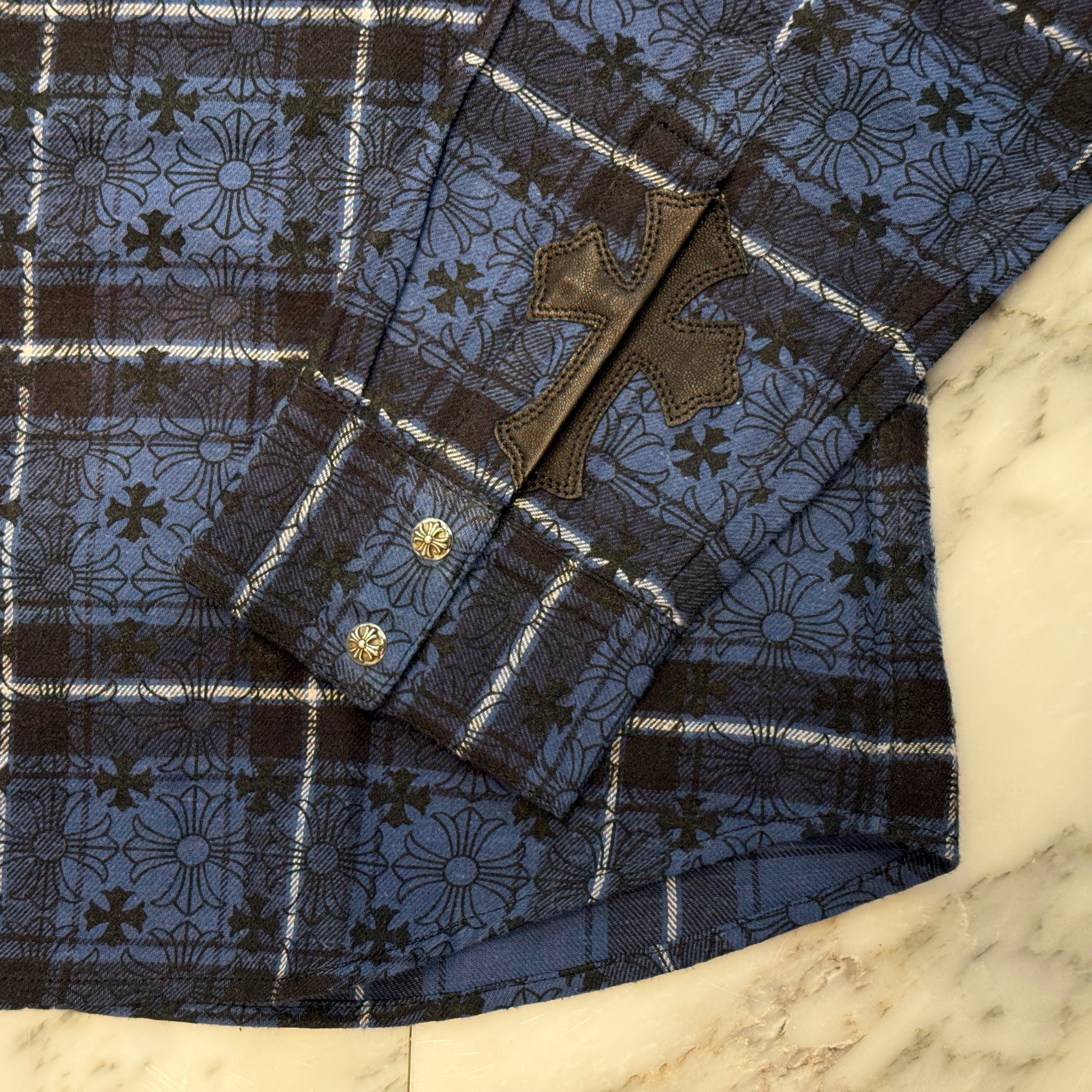 CHROME HEARTS Loose Ends Cross Leather Patch Check Shirt Size S クロムハーツ ルーズエンド クロスレザーパッチ チェック シャツ サイズS
