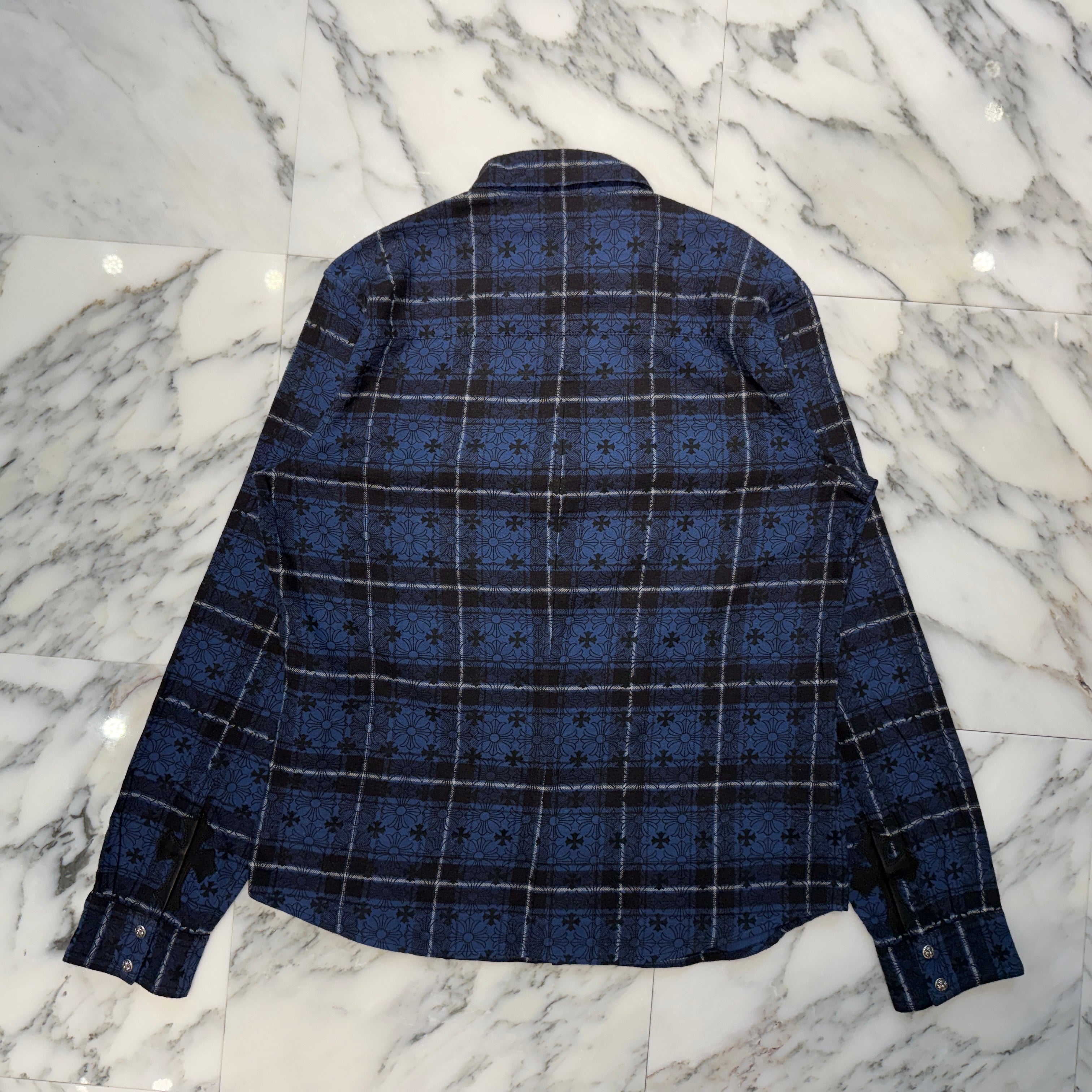 CHROME HEARTS Loose Ends Cross Leather Patch Check Shirt Size L クロムハーツ ルーズエンド クロスレザーパッチ チェック シャツ サイズL