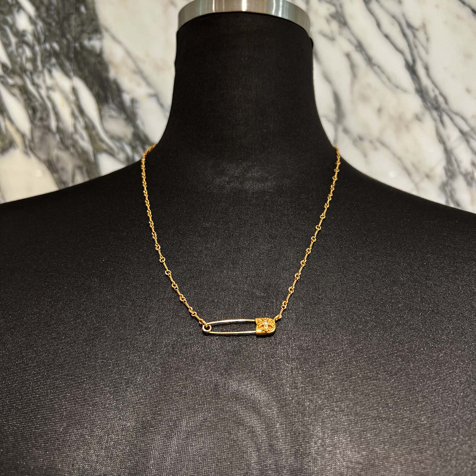 CHROME HEARTS 22K Safety Pin 1 Diamond Twist Chain Necklace Size