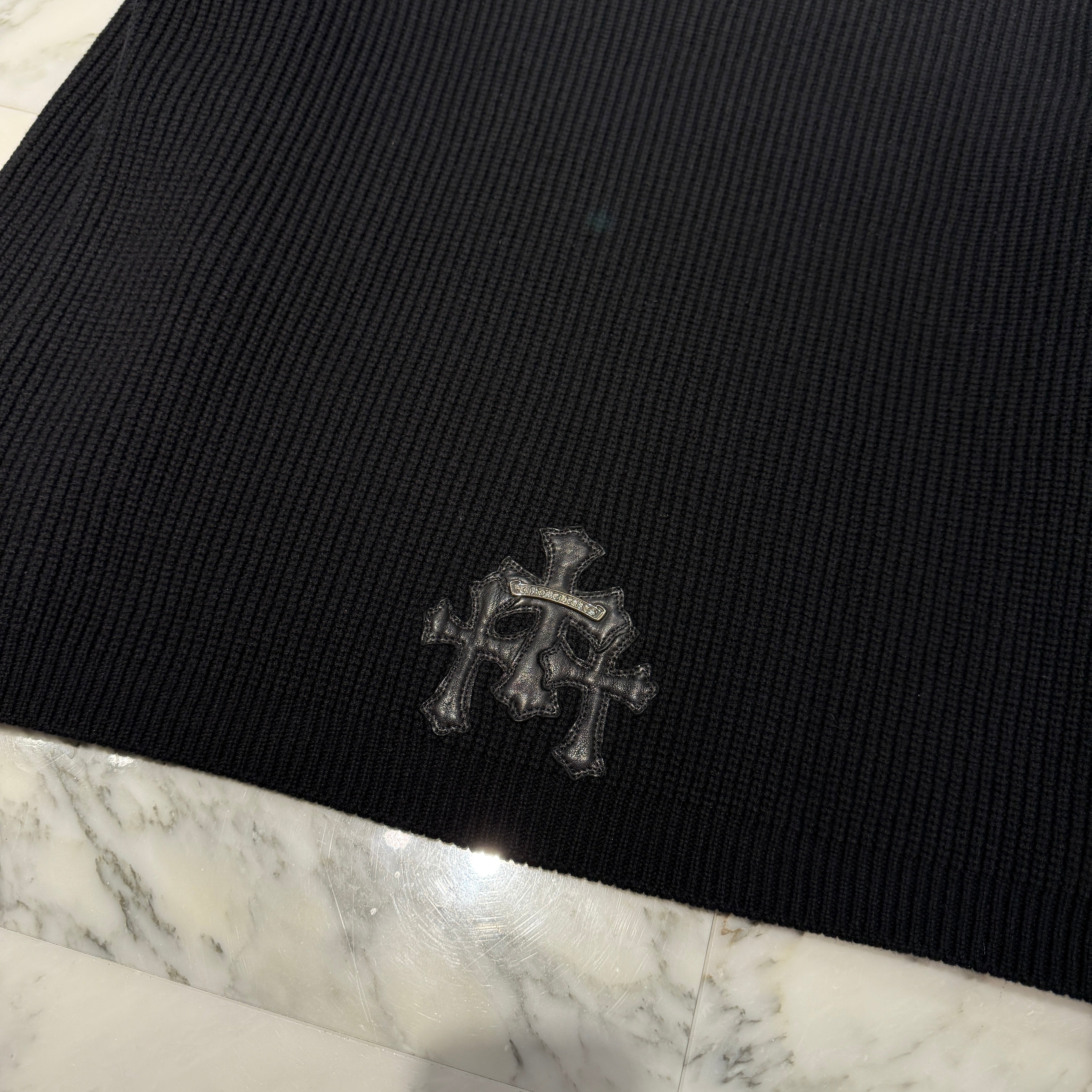 CHROME HEARTS Y NOT Triple Cross Leather Patch Cashmere Knit Size L クロムハーツ ワイノット トリプルクロスレザーパッチ カシミア ニット サイズL