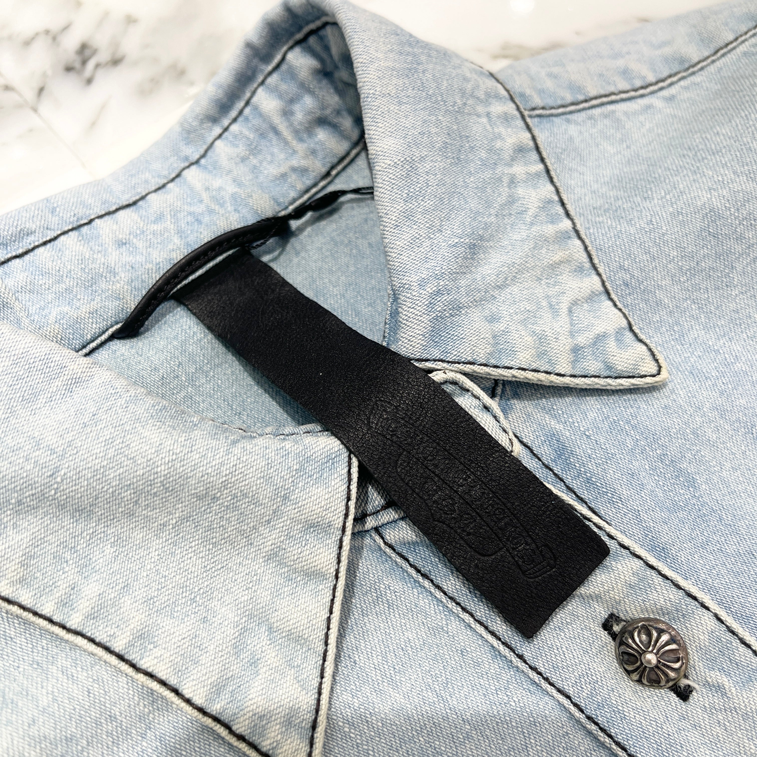 CHROME HEARTS YNOT Leather Cross Patch Denim Shirts Size M クロムハーツ ワイノット レザー クロスパッチ デニムシャツ サイズ M