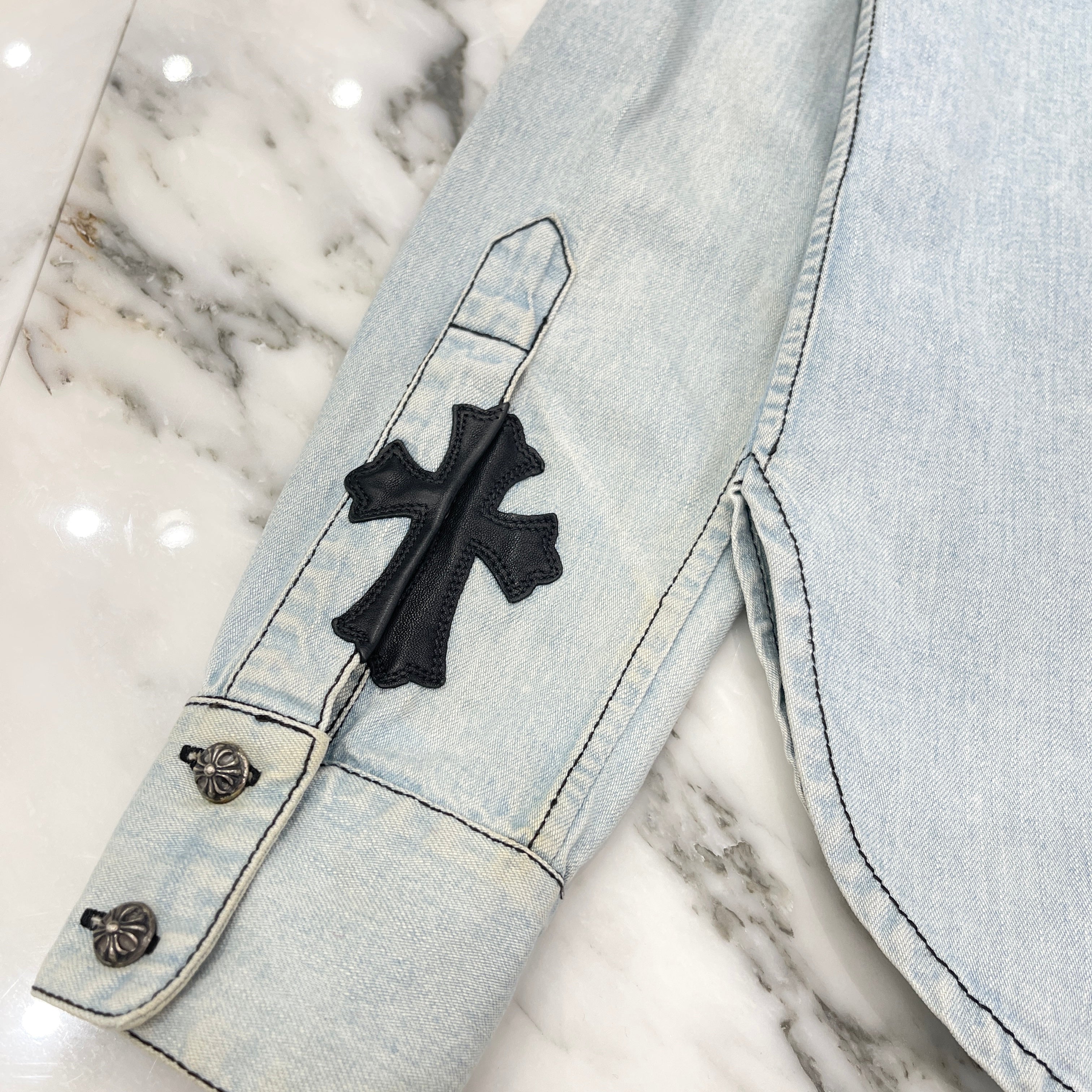 CHROME HEARTS YNOT Leather Cross Patch Denim Shirts Size M クロムハーツ ワイノット レザー クロスパッチ デニムシャツ サイズ M