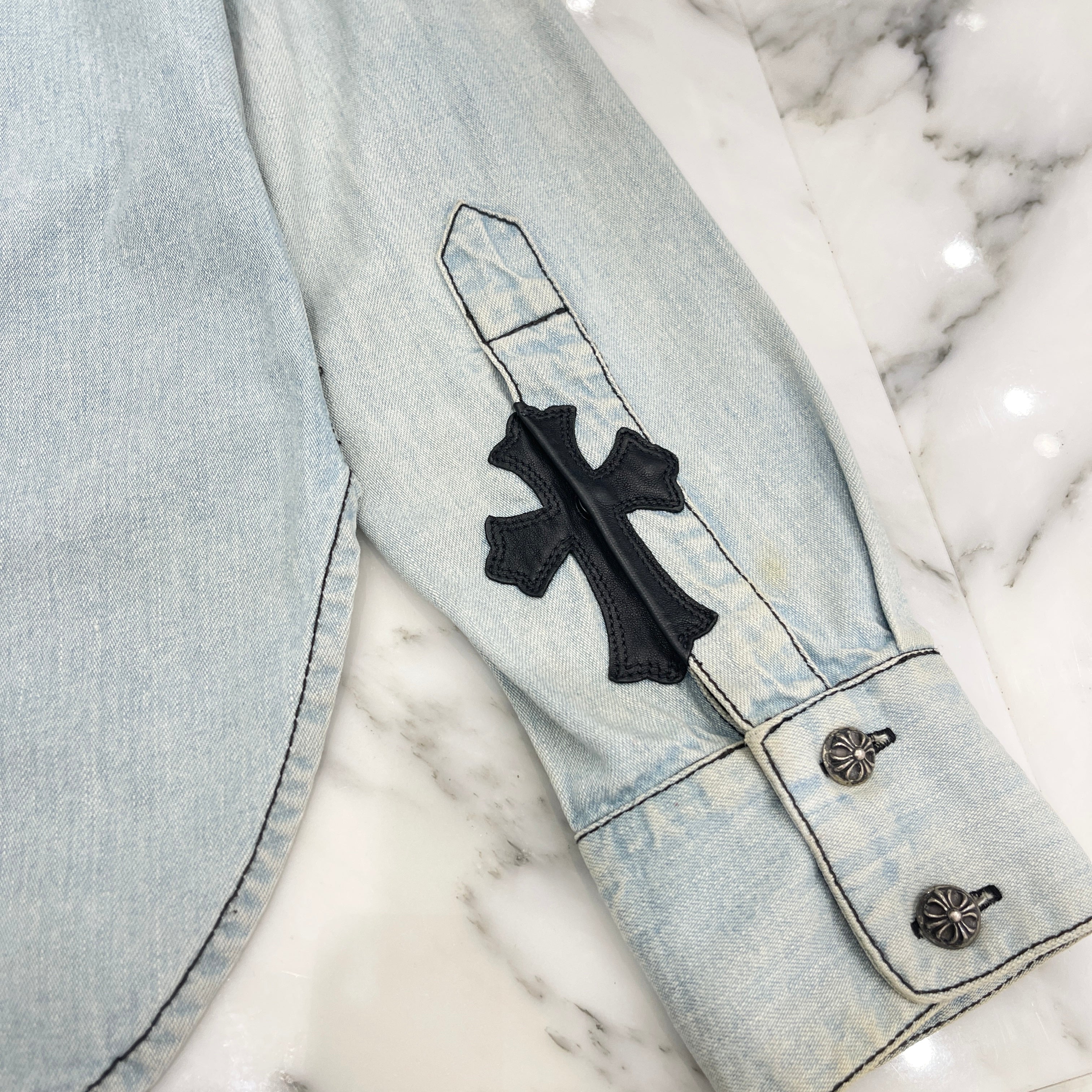 CHROME HEARTS YNOT Leather Cross Patch Denim Shirts Size M クロムハーツ ワイノット レザー クロスパッチ デニムシャツ サイズ M