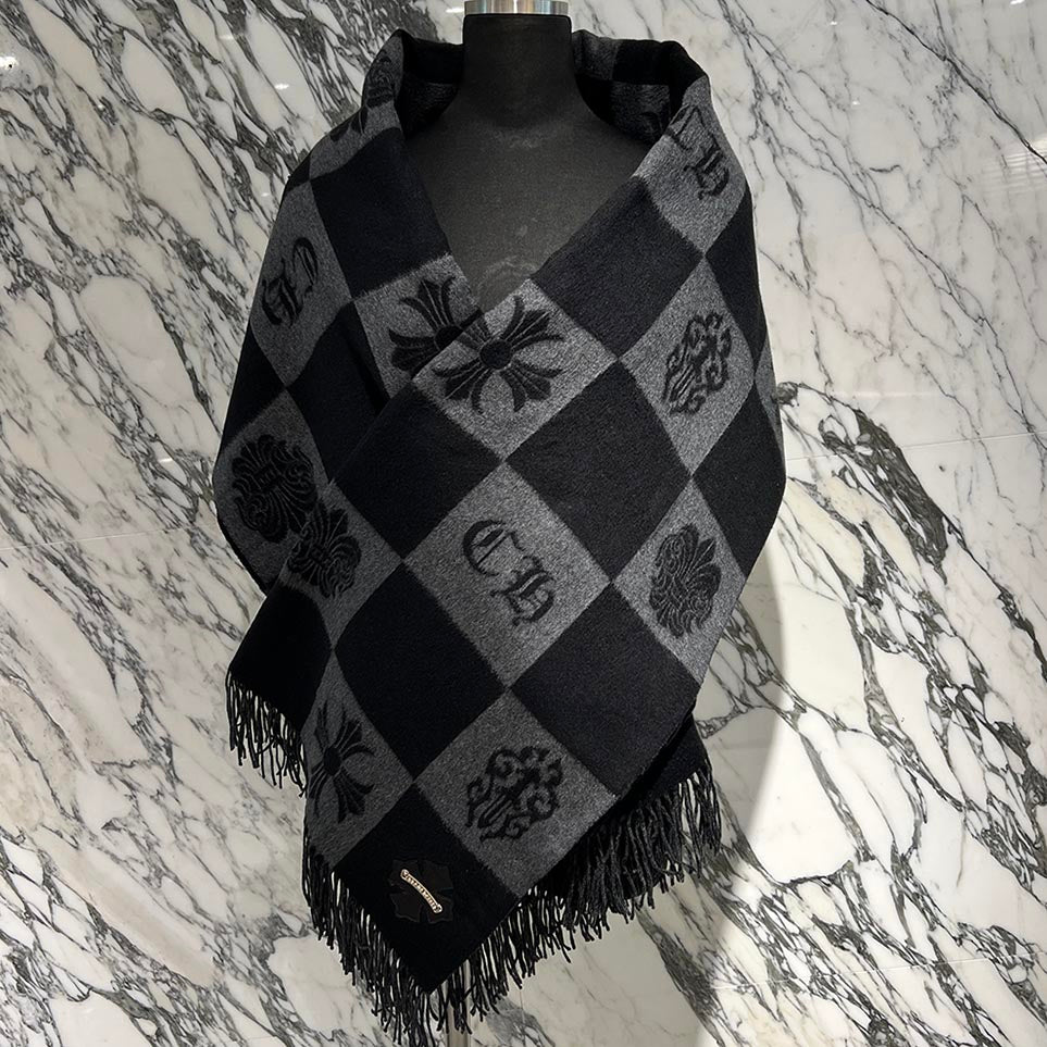 CHROME HEARTS 1 Cross Leather Patch Silk Fringe Muffler クロム