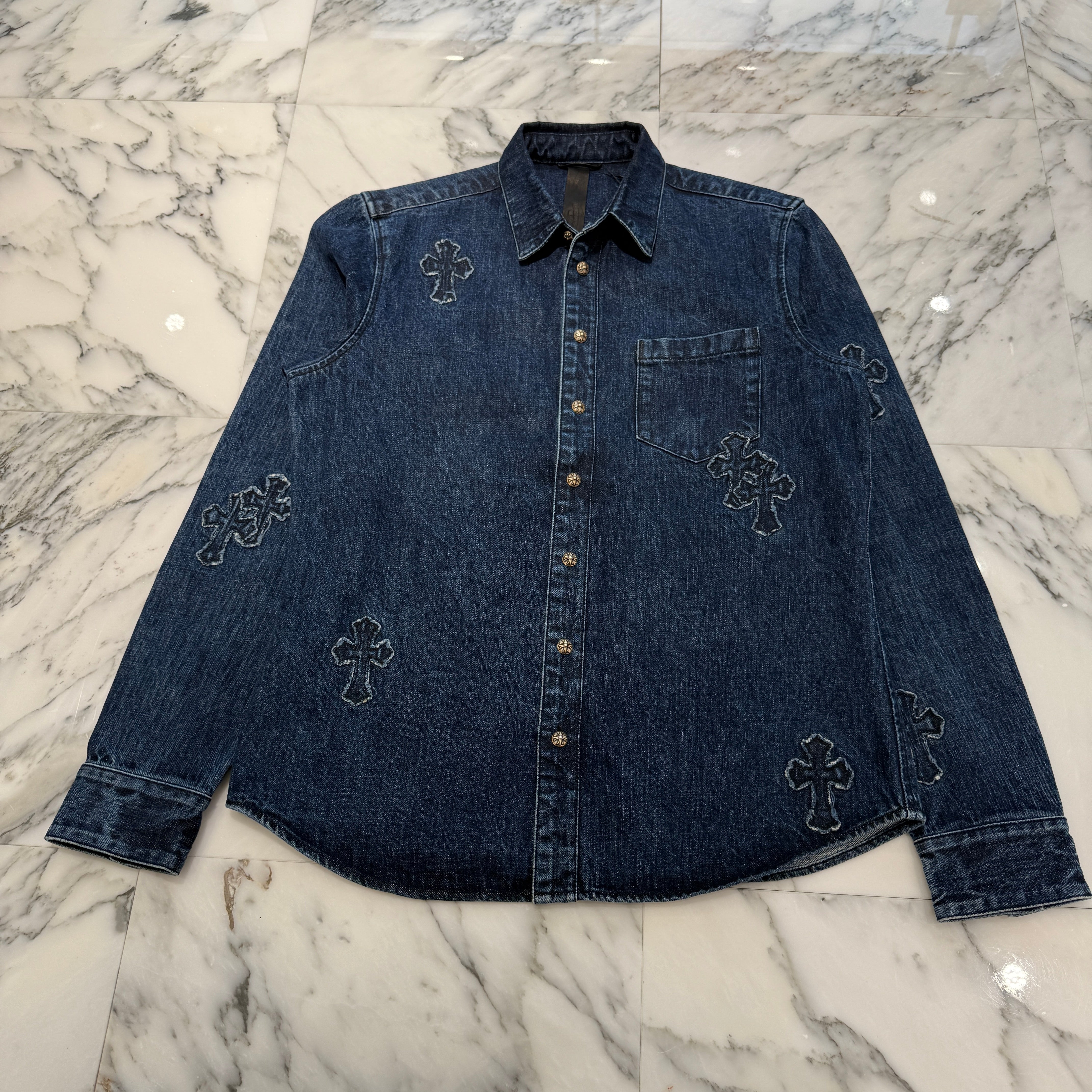 CHROME HEARTS Y NOT Denim Cross Patch Shirt Jacket Size L クロムハーツ ワイノット デニムクロスパッチ シャツジャケット サイズL