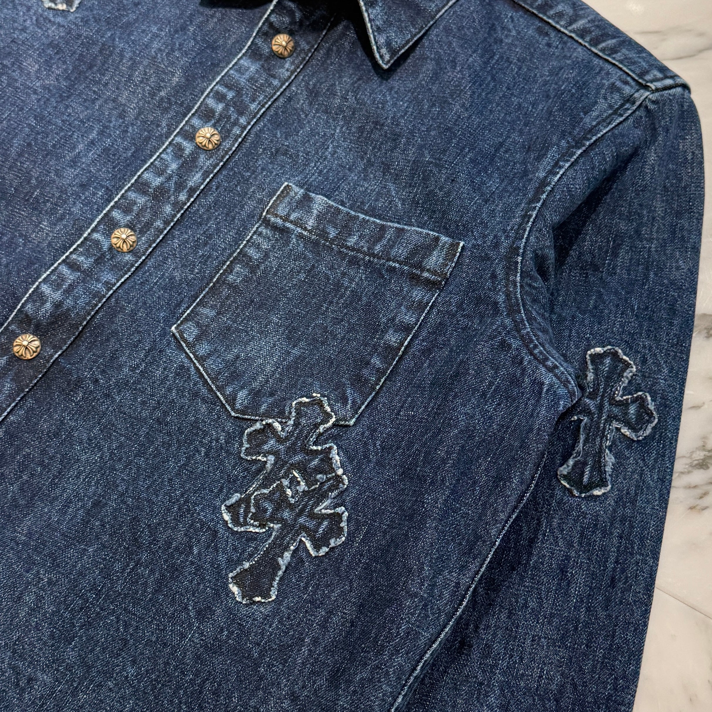 CHROME HEARTS Y NOT Denim Cross Patch Shirt Jacket Size L クロムハーツ ワイノット デニムクロスパッチ シャツジャケット サイズL