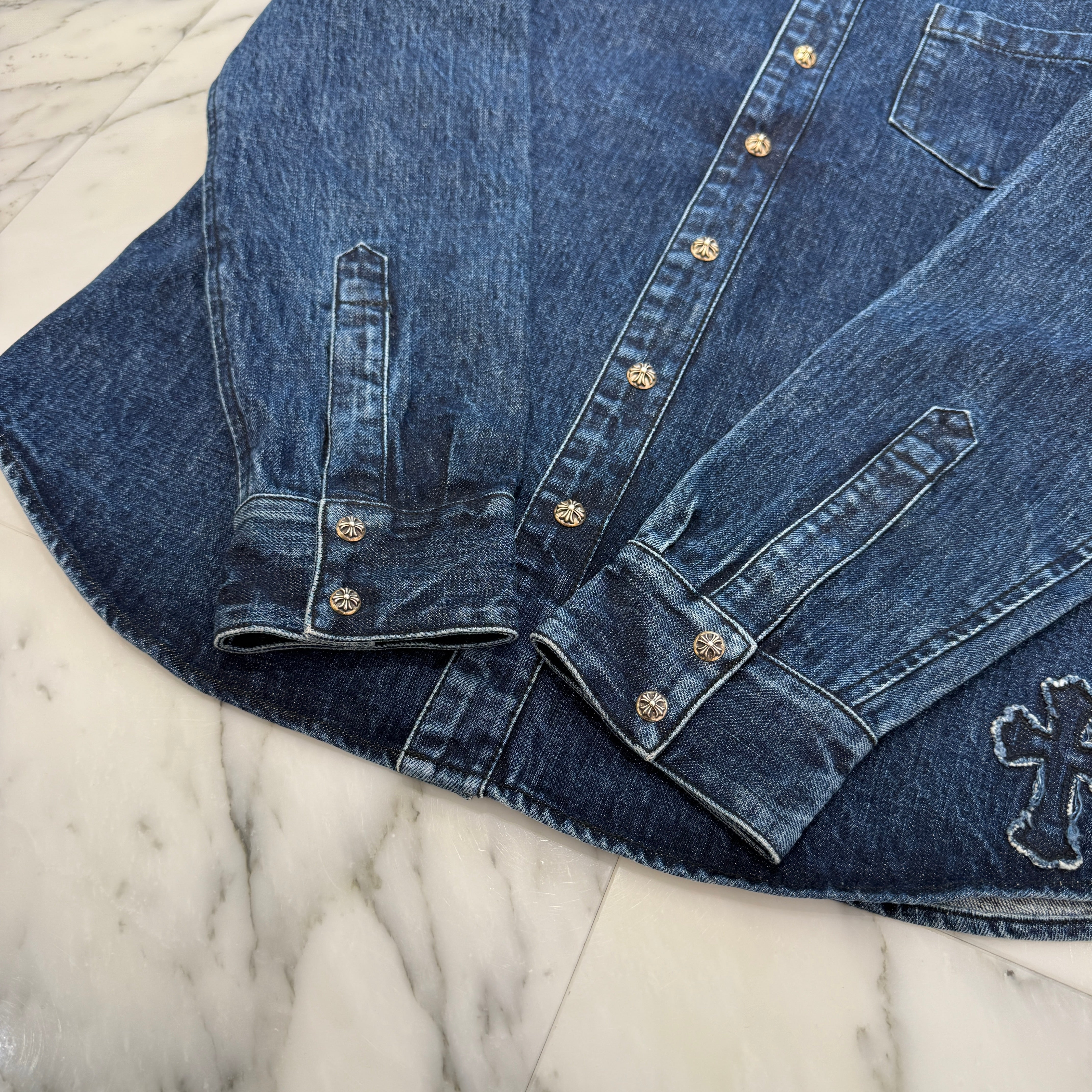 CHROME HEARTS Y NOT Denim Cross Patch Shirt Jacket Size L クロムハーツ ワイノット デニムクロスパッチ シャツジャケット サイズL