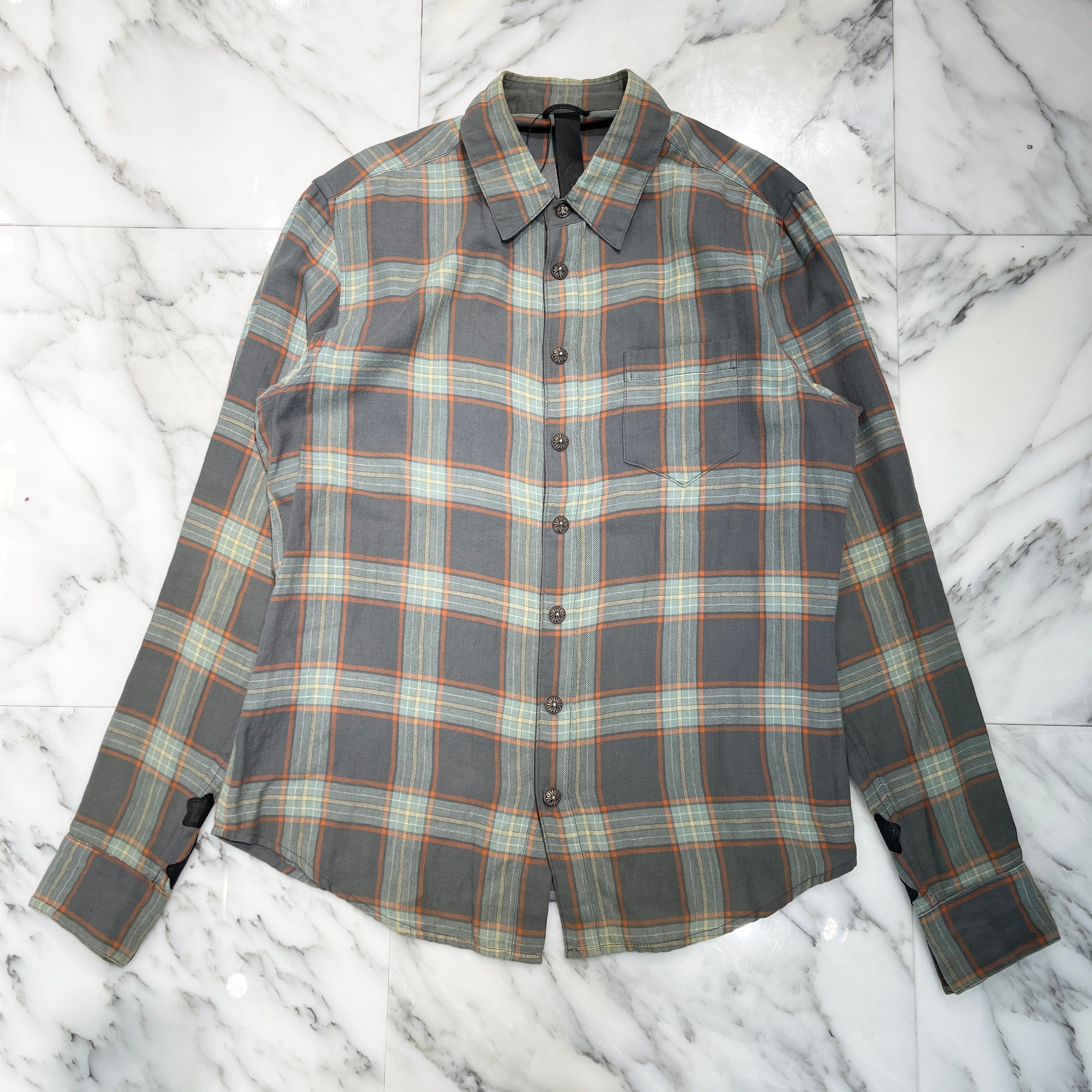 CHROME HEARTS Loose Ends Cross Leather Patch Check Shirt Size S クロムハーツ ルーズエンド レザークロスパッチ チェックシャツ サイズS