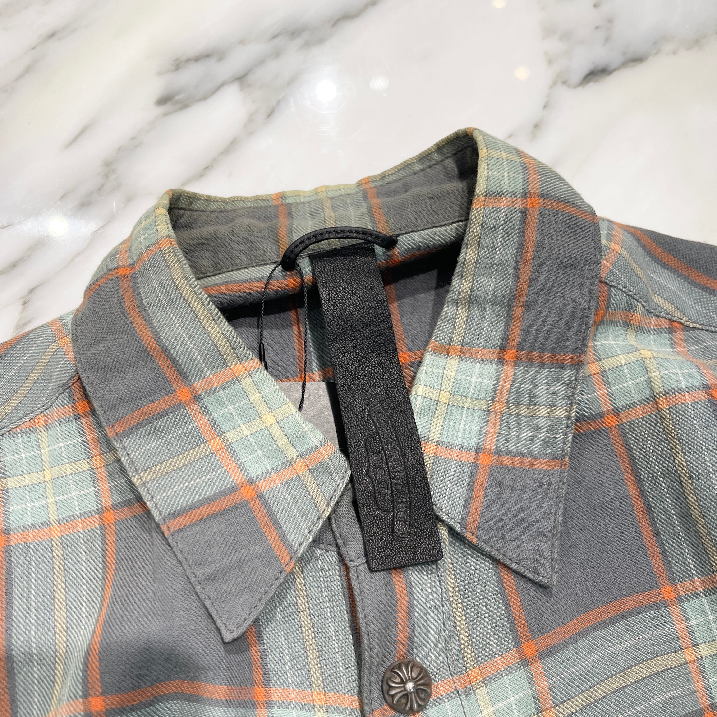 CHROME HEARTS Loose Ends Cross Leather Patch Check Shirt Size S クロムハーツ ルーズエンド レザークロスパッチ チェックシャツ サイズS