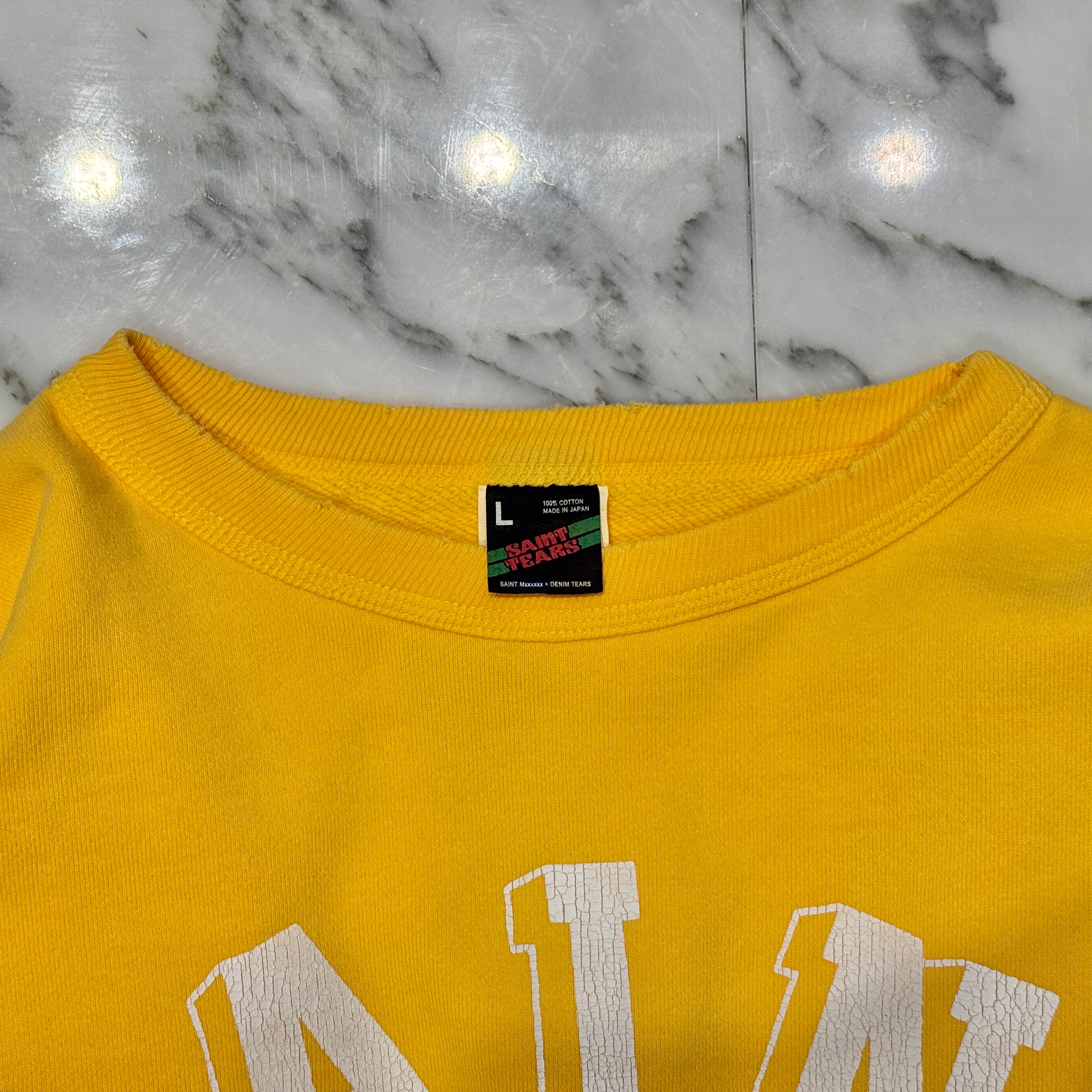SAINT Mxxxxxx × DENIMTEARS 2021AW Distressed College Logo Sweat Shirt SM-A21-0000-049 Size L セントマイケル×デニムティアーズ ユーズド加工カレッジロゴスウェットシャツ サイズL