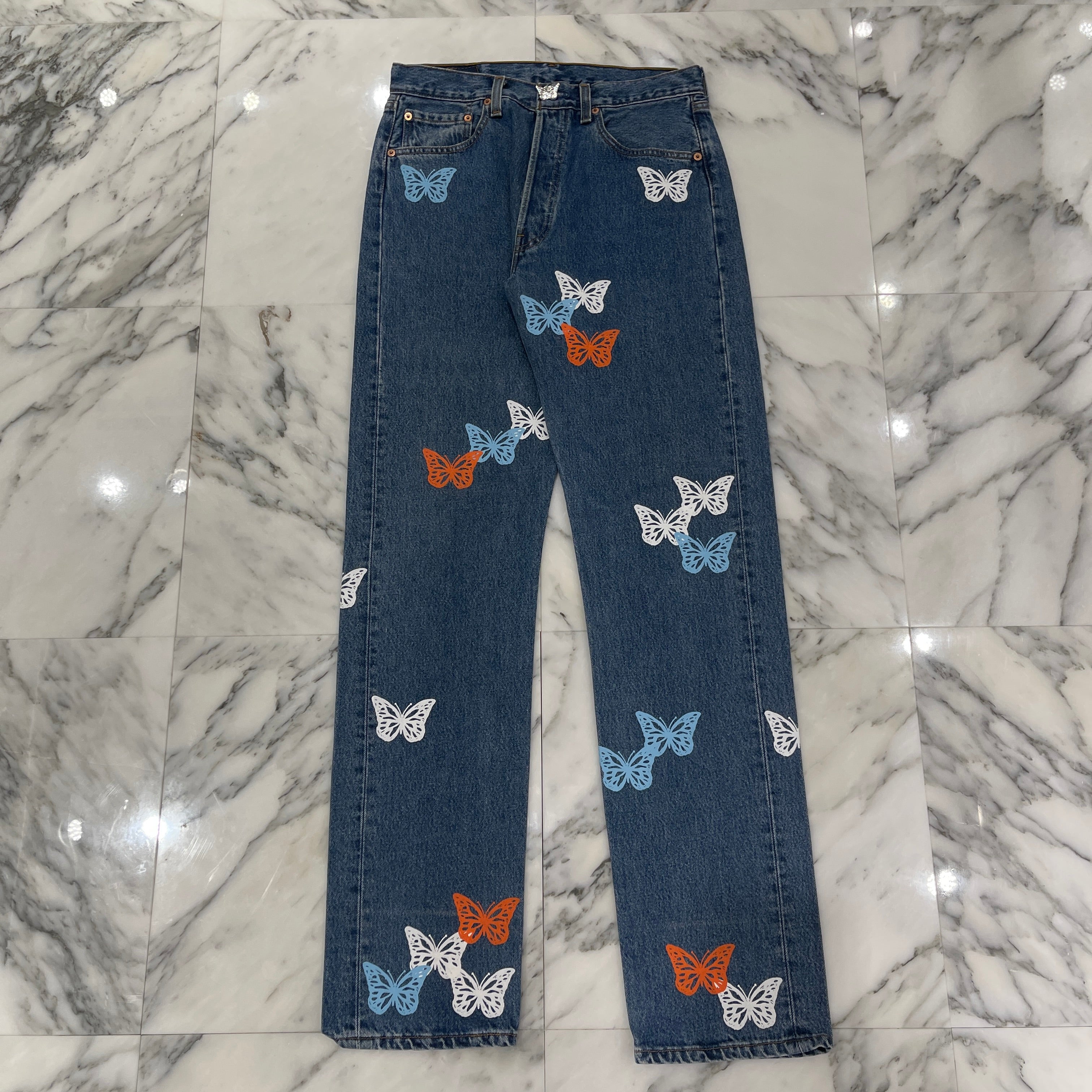 ABOUT DREAMS Butterfly Jeans Size W32 L34 アバウトドリームズ バタフライジーンズ インディゴ×ホワイト×ブルー×オレンジ サイズW32×L34