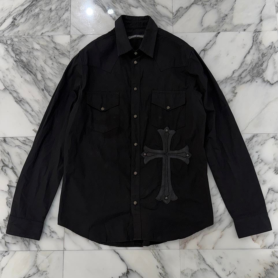 クロムハーツ サイズ:S  GAUZE SHIRT LEATHER PATCH BSフレアレザーパッチクロスボールボタンチェック長袖シャツ 中古 OS06 CHROME HEARTS OLD Large Cross Leather Patch Cross Ball Button