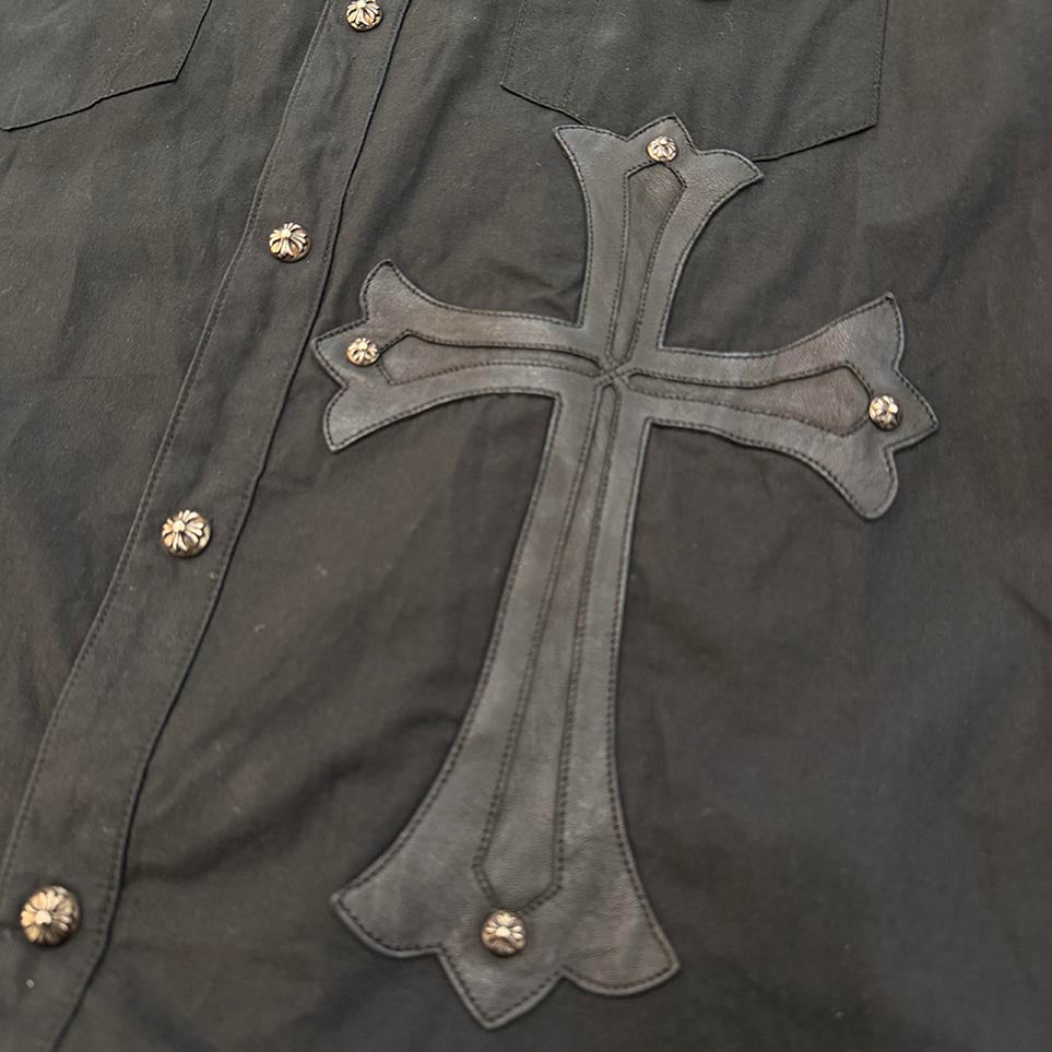 CHROME HEARTS OLD Large Cross Leather Patch Cross Ball Button Cotton Shirt Size L クロムハーツ オールド ラージクロスレザーパッチ クロスボールボタン コットンシャツ サイズL