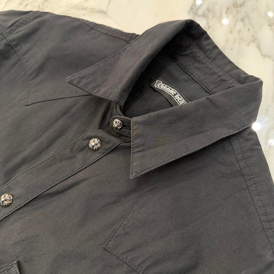 CHROME HEARTS OLD Large Cross Leather Patch Cross Ball Button Cotton Shirt Size L クロムハーツ オールド ラージクロスレザーパッチ クロスボールボタン コットンシャツ サイズL