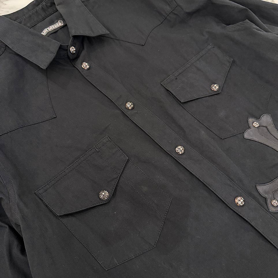 CHROME HEARTS OLD Large Cross Leather Patch Cross Ball Button Cotton Shirt Size L クロムハーツ オールド ラージクロスレザーパッチ クロスボールボタン コットンシャツ サイズL