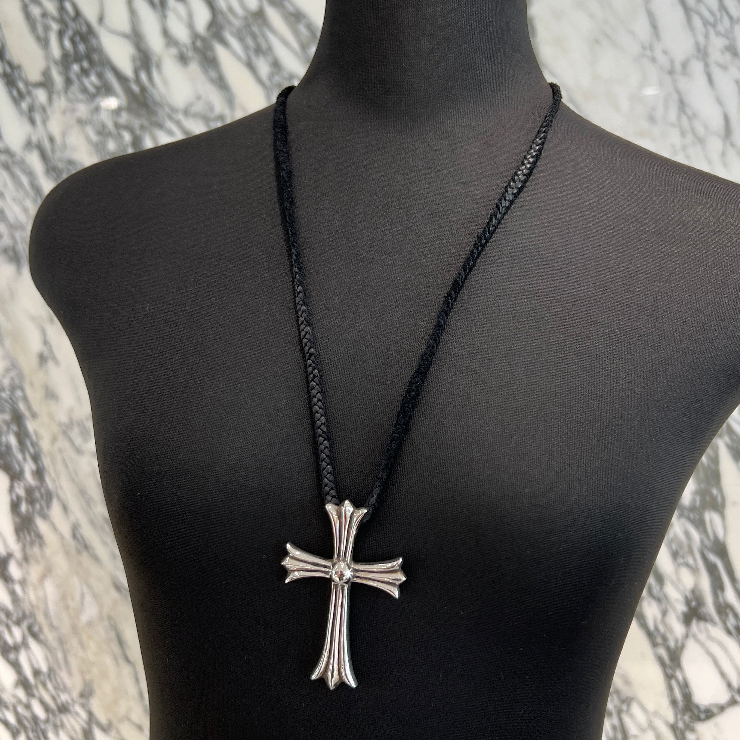 CHROME HEARTS Leather String Large Cross Pendant Top クロムハーツ レザー紐 ラージクロス ペンダントトップ