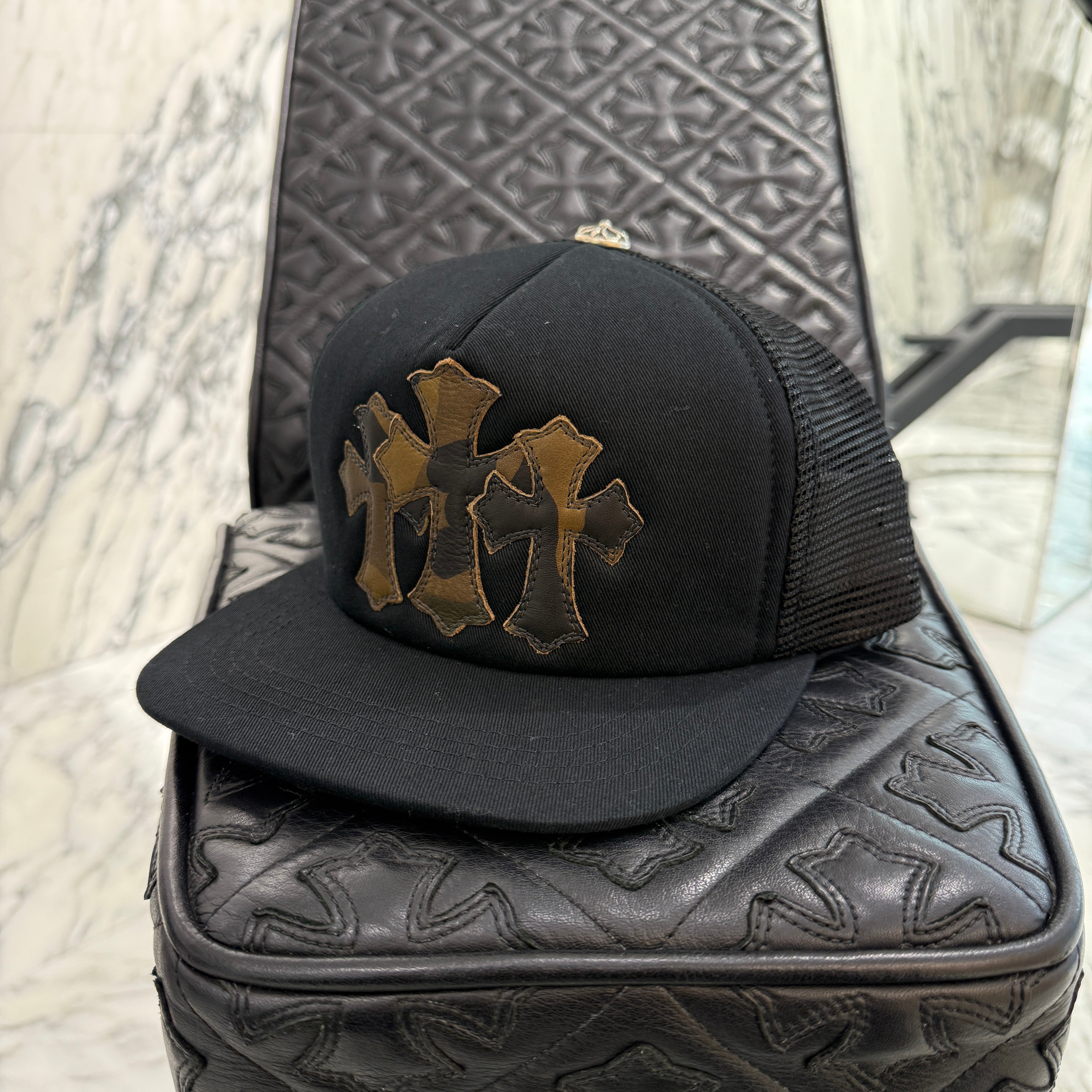 CHROME HEARTS Camo Triple Cross Leather Patch Trucker Cap ONE SIZE