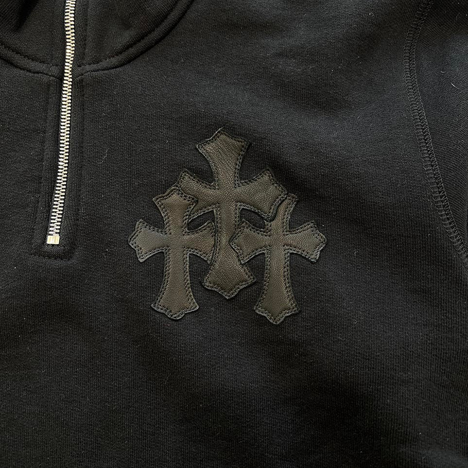 CHROME HEARTS Y NOT Triple Cross Leather Patch Half Zip Sweat Shirt Size S クロムハーツ ワイノット トリプルクロス レザーパッチ ハーフジップ スウェットシャツ サイズS