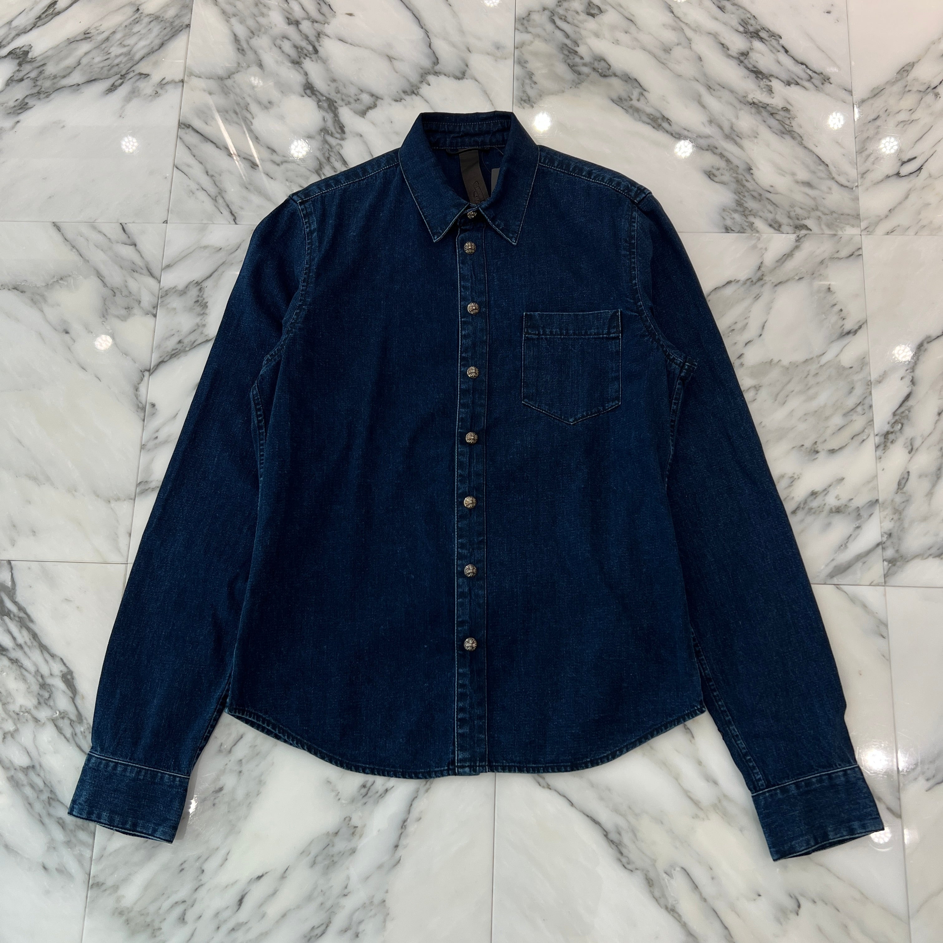 CHROME HEARTS Y NOT Leather Cross Patch Denim Shirt Size M クロムハーツ ワイノット レザークロスパッチ デニムシャツ サイズM