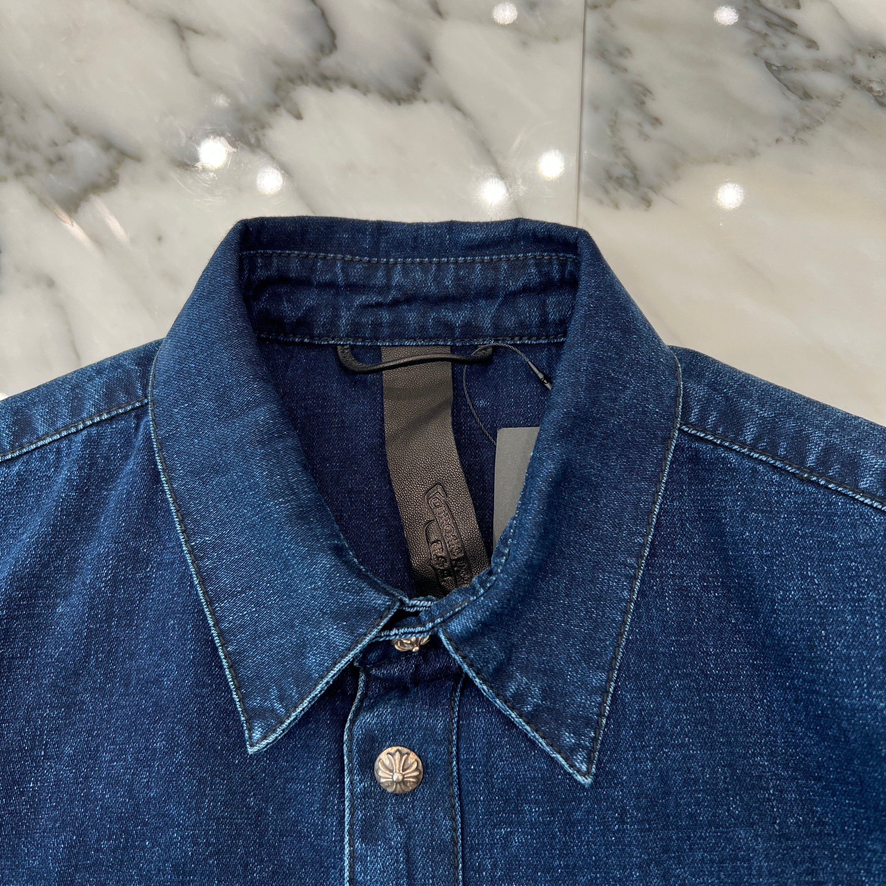 CHROME HEARTS Y NOT Leather Cross Patch Denim Shirt Size M クロムハーツ ワイノット レザークロスパッチ デニムシャツ サイズM