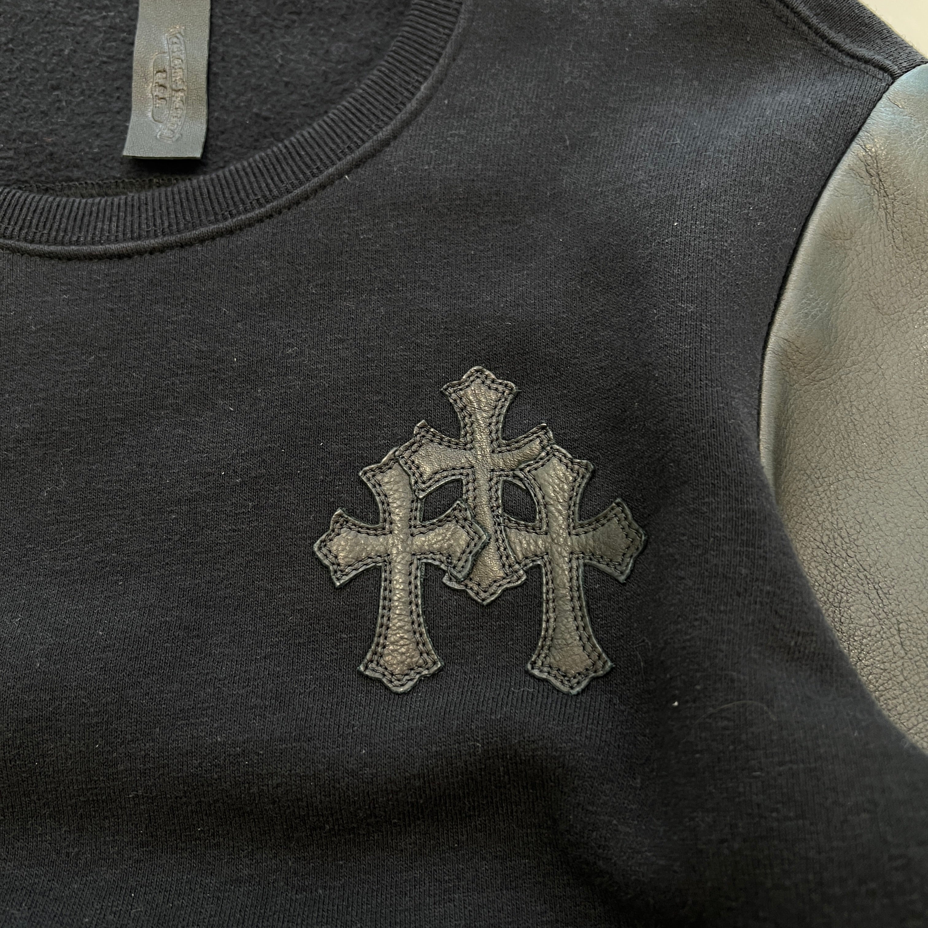 CHROME HEARTS Y NOT Leather Cross Patch Arm Leather Switching Pullover Hoodie Size M クロムハーツ ワイノット レザークロスパッチ アームレザー切替 プルオーバーフーディー サイズM