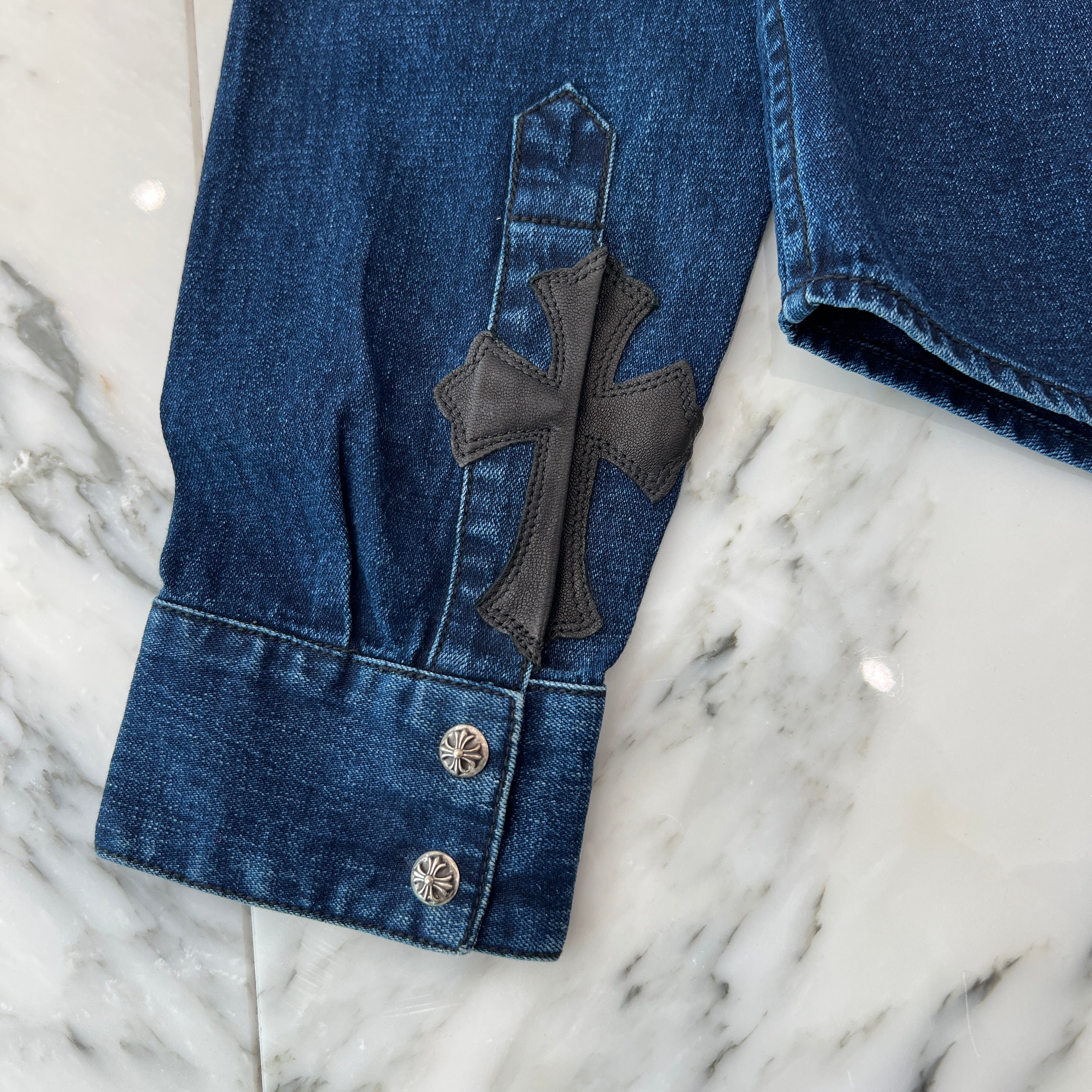 CHROME HEARTS Y NOT Leather Cross Patch Denim Shirt Size M クロムハーツ ワイノット レザークロスパッチ デニムシャツ サイズM