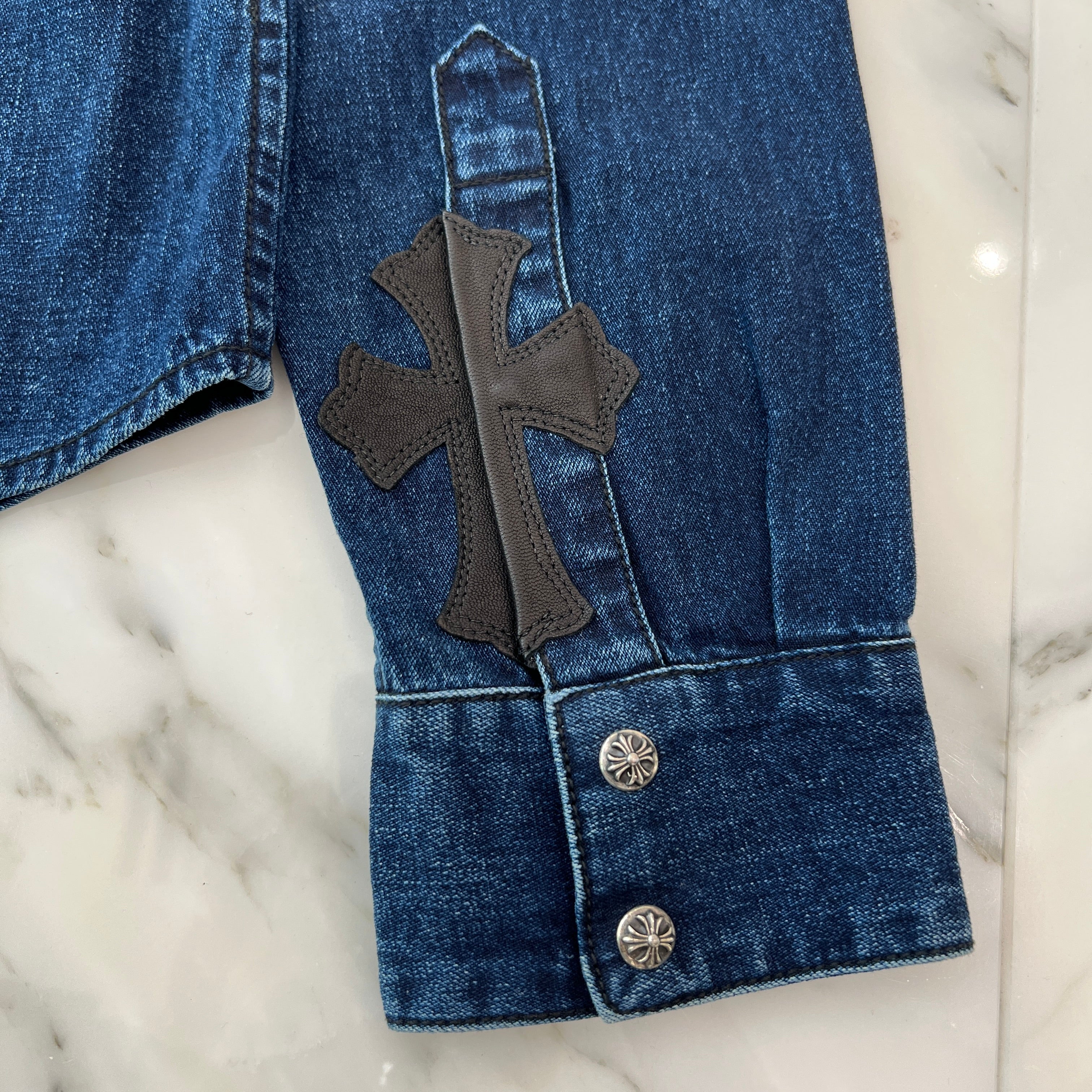 CHROME HEARTS Y NOT Leather Cross Patch Denim Shirt Size M クロムハーツ ワイノット レザークロスパッチ デニムシャツ サイズM