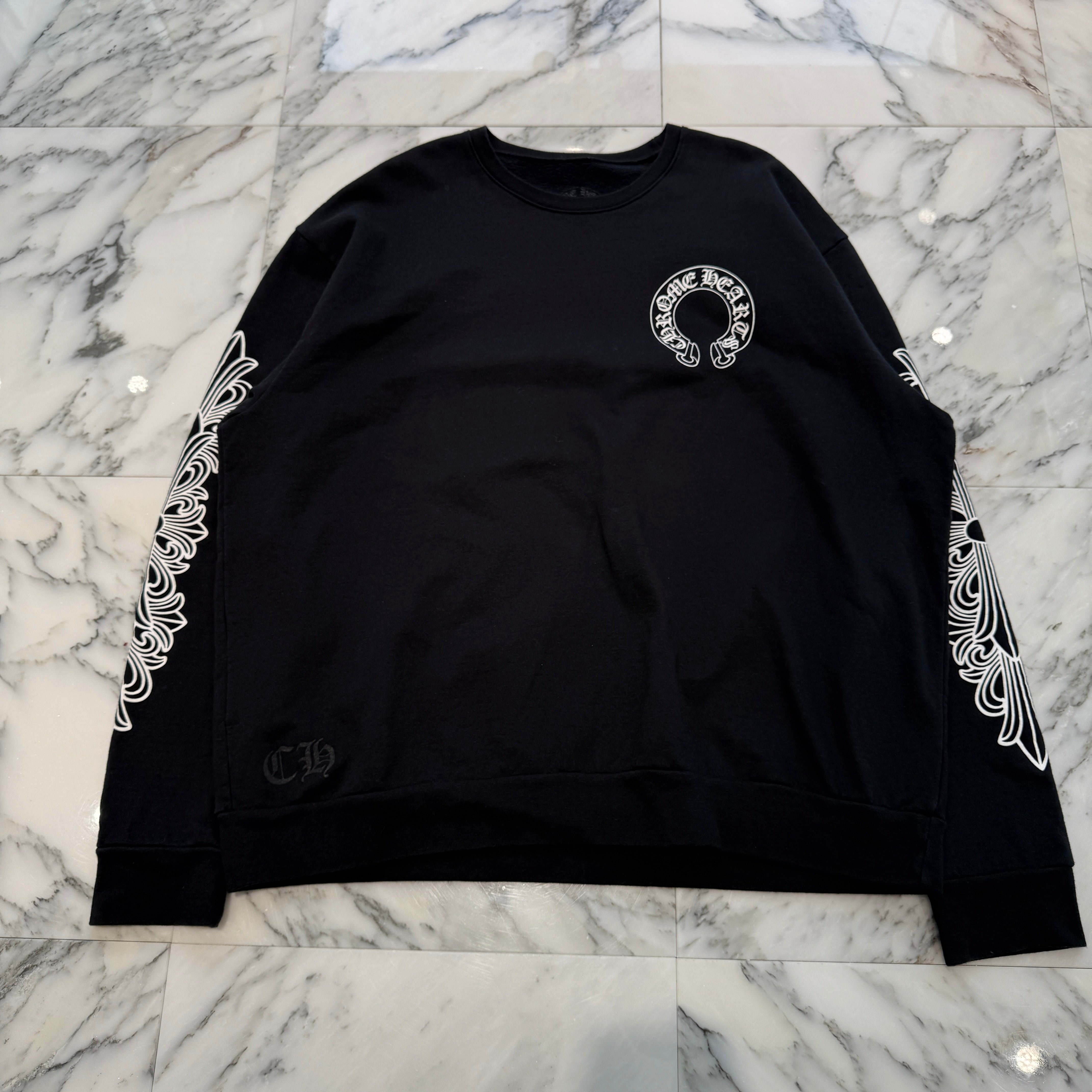 CHROME HEARTS Floral Cross Horseshoe Crewneck Sweat Shirts Size L クロムハーツ フローラルクロス ホースシュー クルーネック スウェットシャツ サイズL