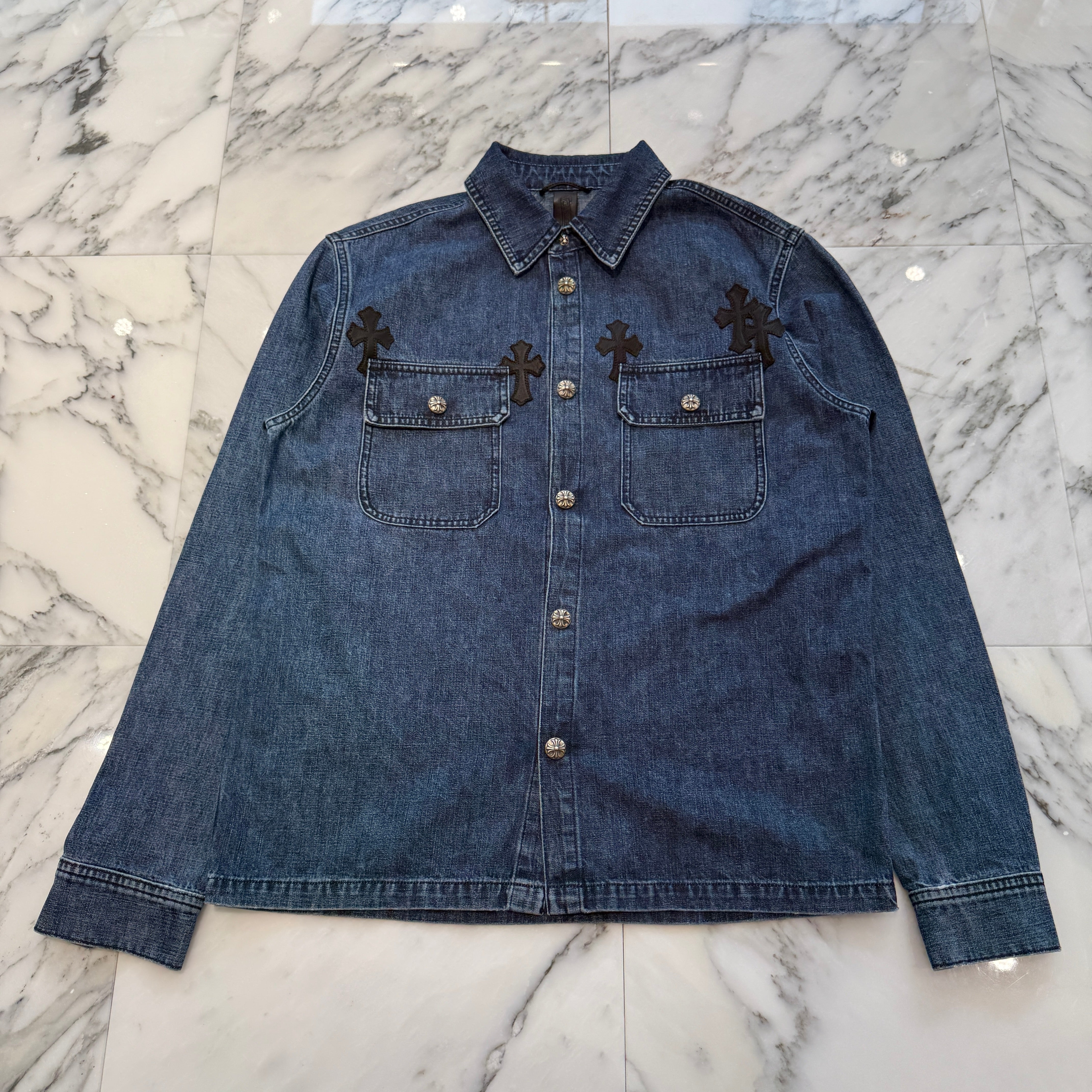 CHROME HEARTS Y NOT Leather Cross Patch Denim Shirt Size M クロムハーツ ワイノット レザークロスパッチ デニムシャツ サイズM