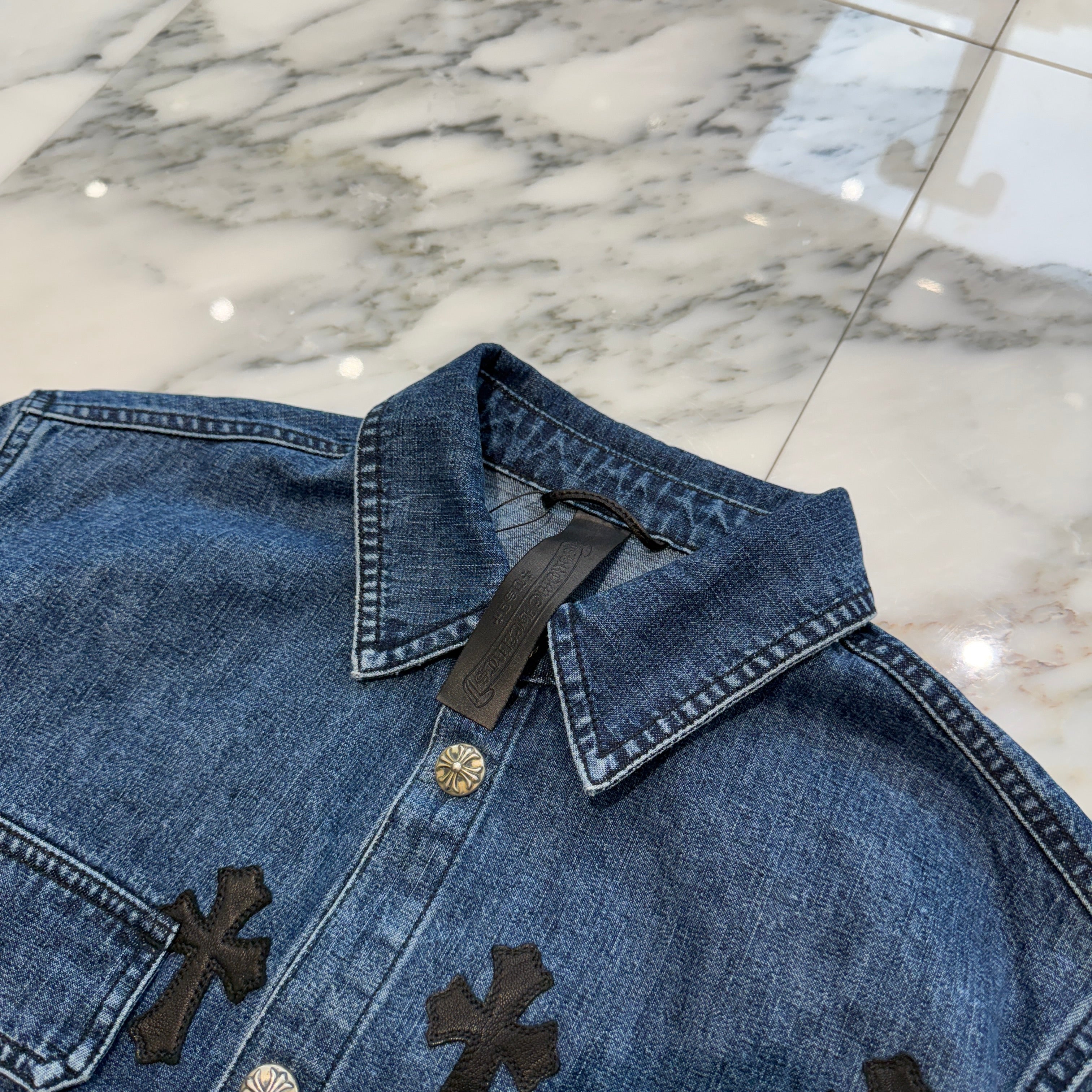 CHROME HEARTS Y NOT Leather Cross Patch Denim Shirt Size M クロムハーツ ワイノット レザークロスパッチ デニムシャツ サイズM