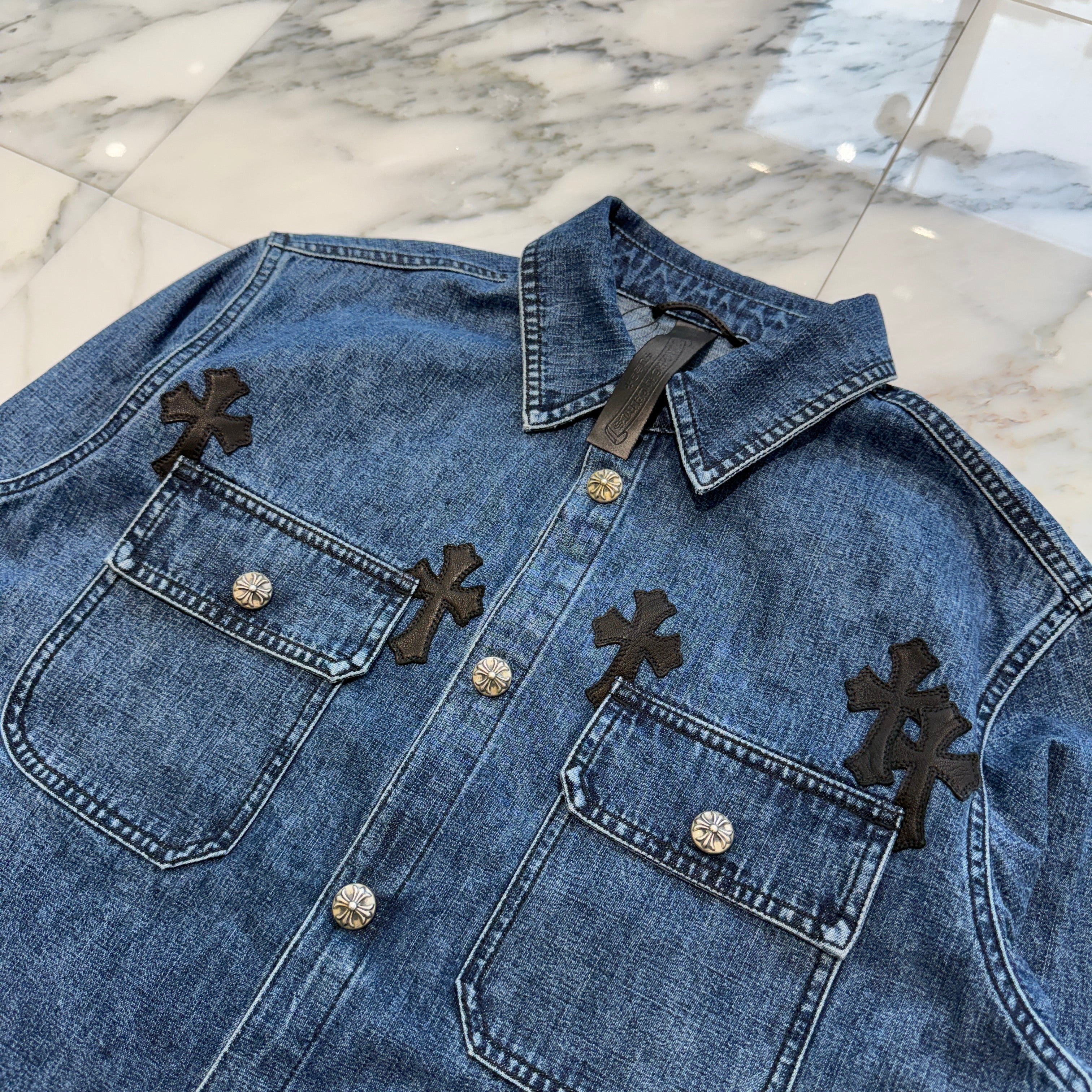 CHROME HEARTS Y NOT Leather Cross Patch Denim Shirt Size M クロムハーツ ワイノット レザークロスパッチ デニムシャツ サイズM