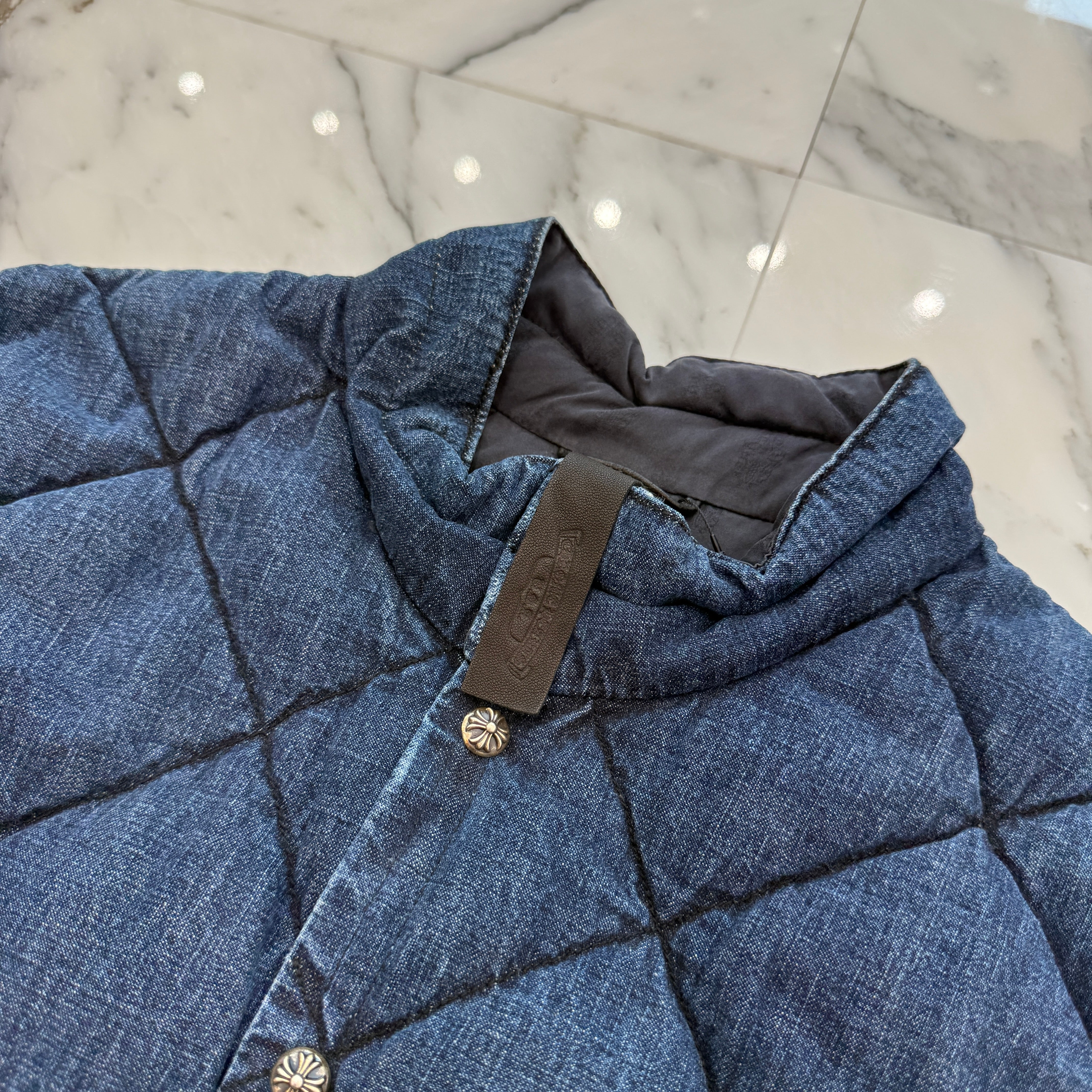 CHROME HEARTS YNOT Cross Ball Button Quilting Denim Down Vest Size XL クロムハーツ ワイノット クロスボールボタン キルティング デニム ベスト サイズXL