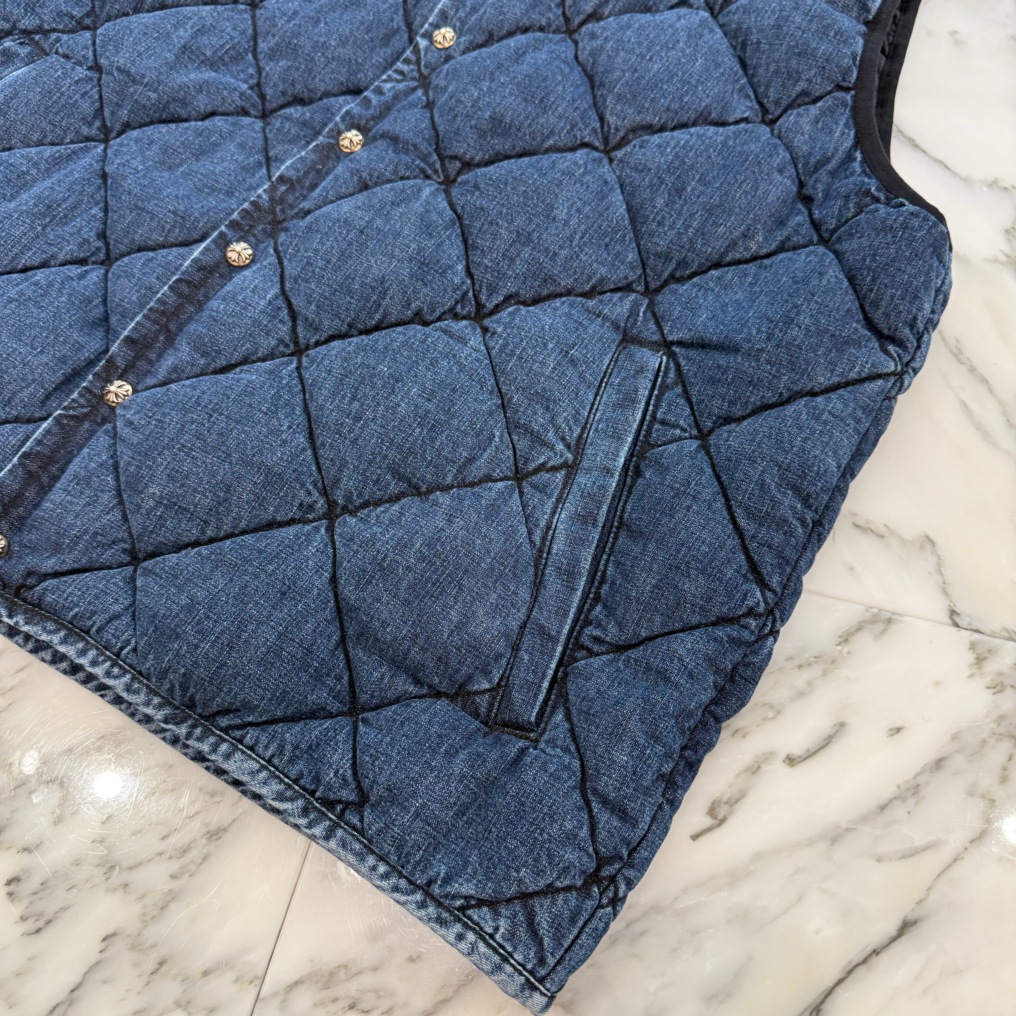 CHROME HEARTS YNOT Cross Ball Button Quilting Denim Down Vest Size XL クロムハーツ ワイノット クロスボールボタン キルティング デニム ベスト サイズXL