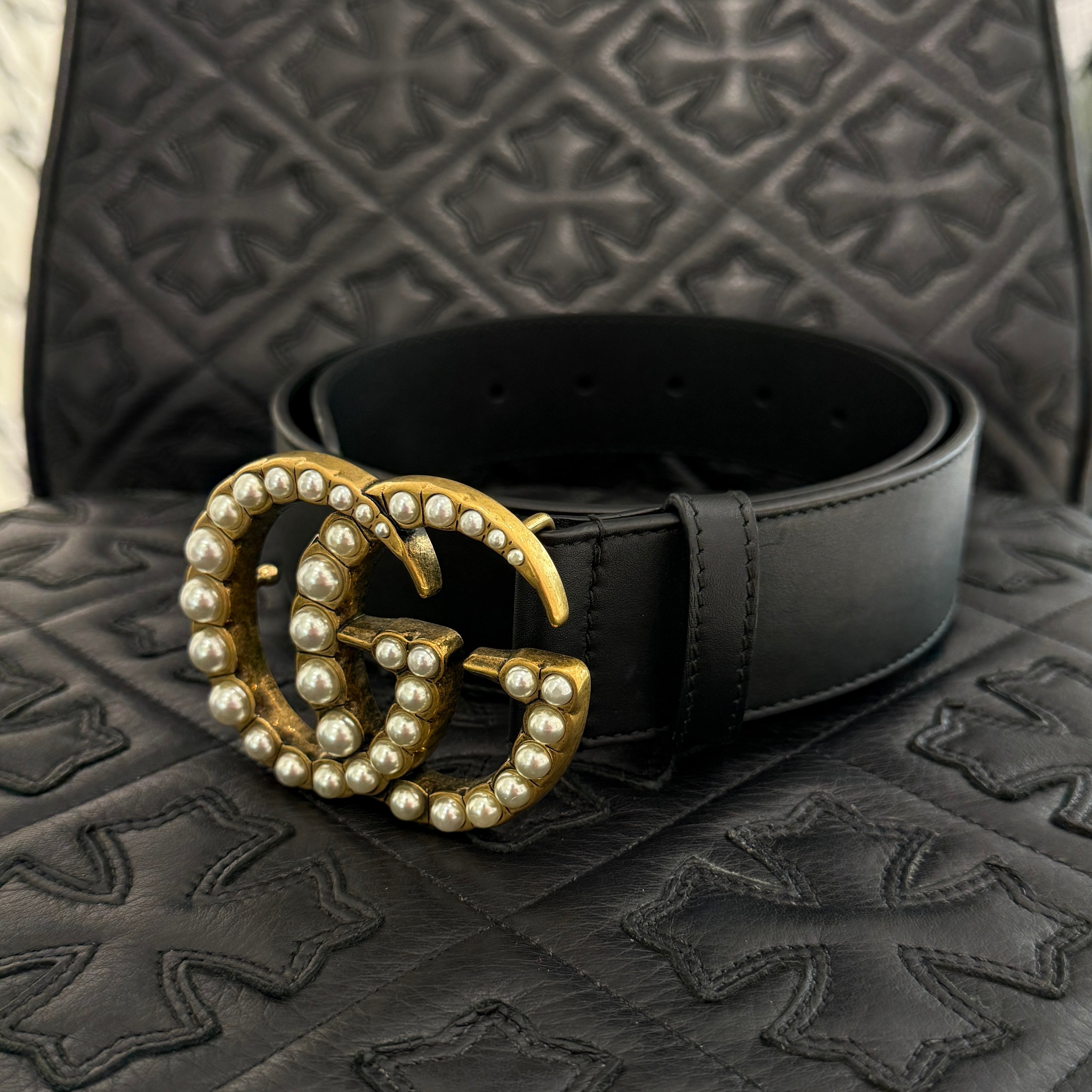 GUCCI Pearl Decoration GG MARMONT Buckle Belt 453260 size 75/30 グッチ パール装飾 GGマーモント バックルベルト サイズ75/30
