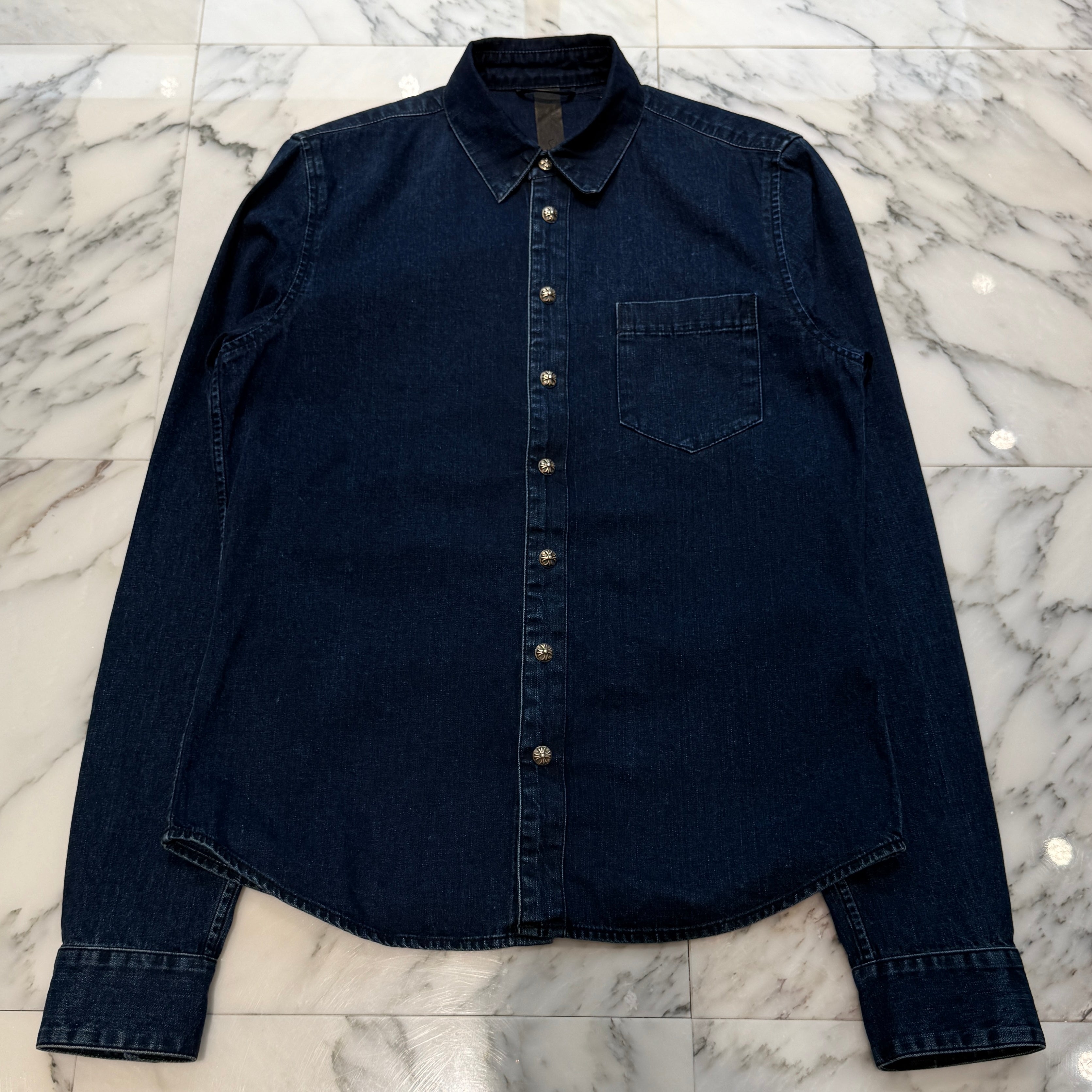 CHROME HEARTS Y NOT Leather Cross Patch Denim Shirt Size M クロムハーツ ワイノット レザークロスパッチ デニムシャツ サイズM