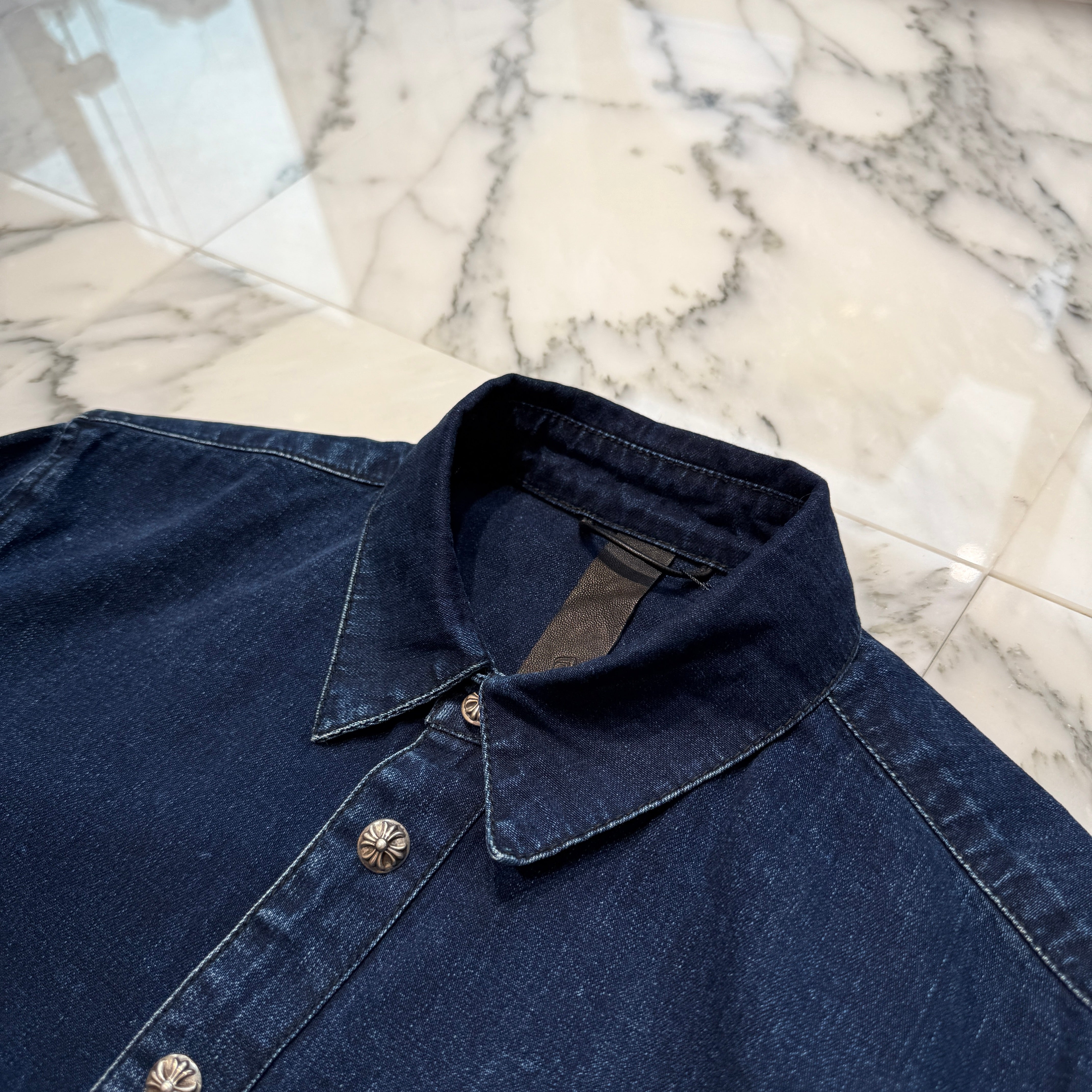 CHROME HEARTS Y NOT Leather Cross Patch Denim Shirt Size M クロムハーツ ワイノット レザークロスパッチ デニムシャツ サイズM