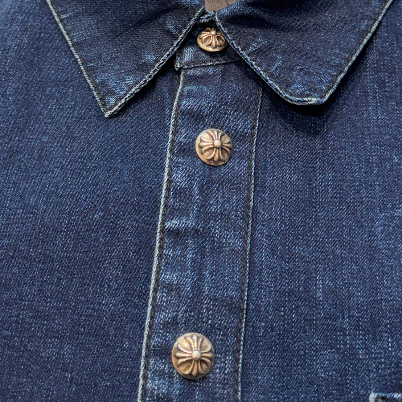 CHROME HEARTS Y NOT Leather Cross Patch Denim Shirt Size M クロムハーツ ワイノット レザークロスパッチ デニムシャツ サイズM