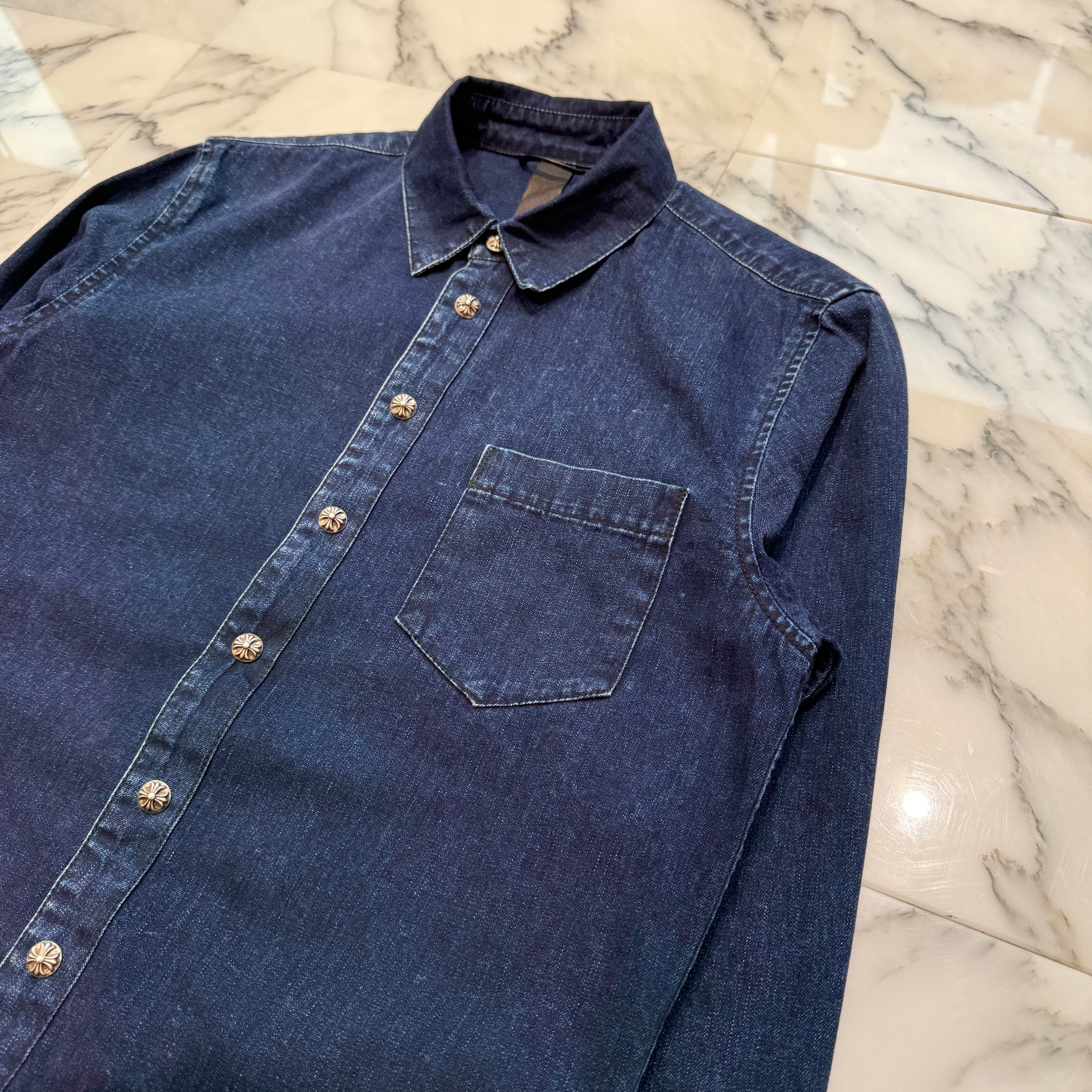 CHROME HEARTS Y NOT Leather Cross Patch Denim Shirt Size M クロムハーツ ワイノット レザークロスパッチ デニムシャツ サイズM