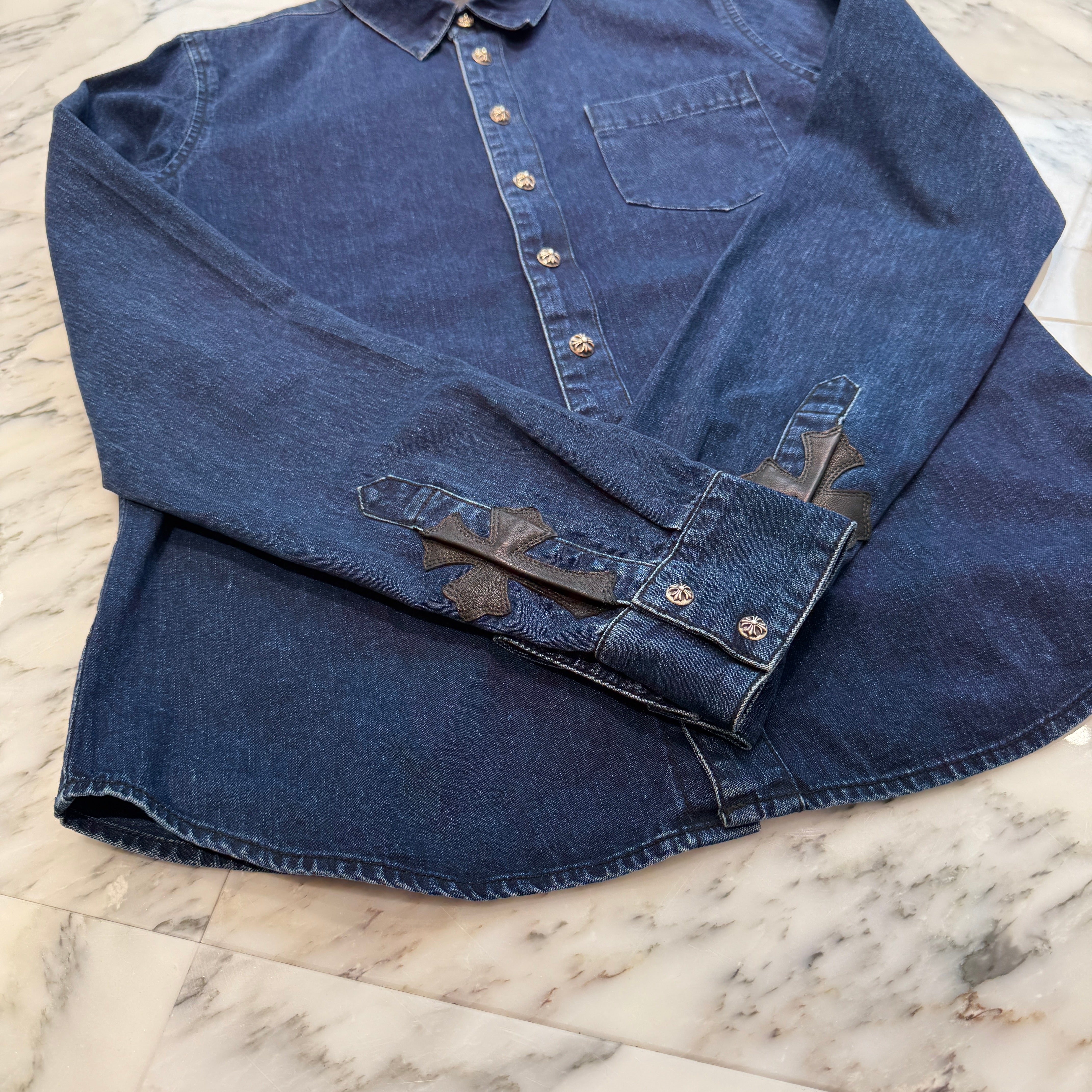 CHROME HEARTS Y NOT Leather Cross Patch Denim Shirt Size M クロムハーツ ワイノット レザークロスパッチ デニムシャツ サイズM