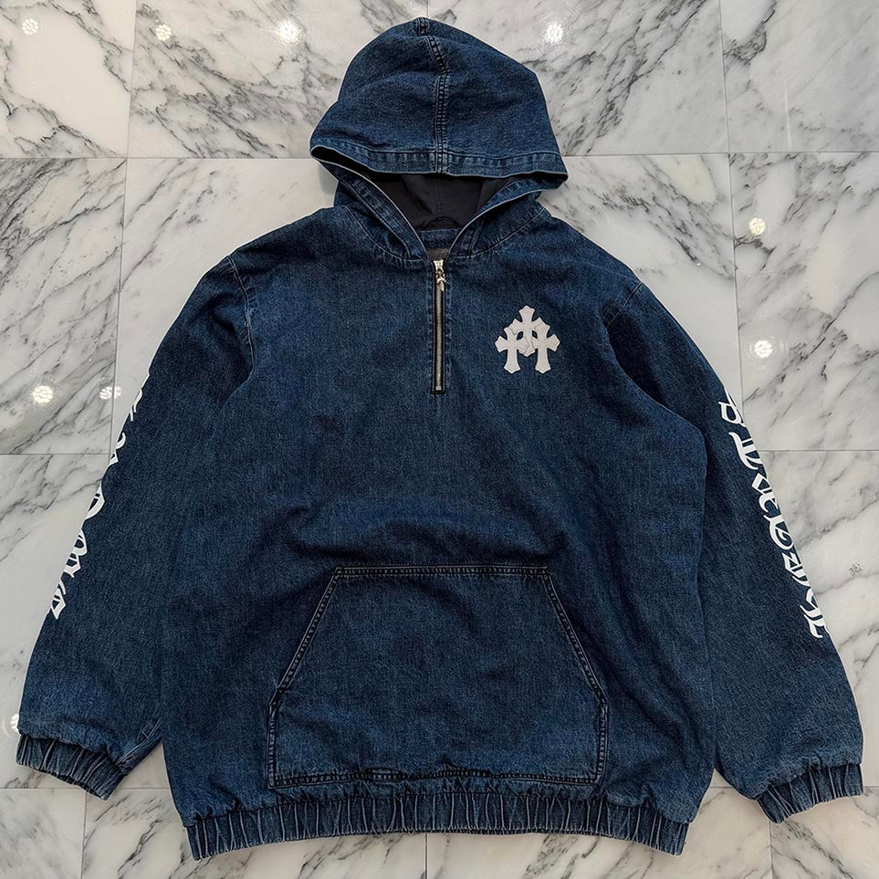 CHROME HEARTS 2024AW Leather Cemetery Triple Cross Denim Anorak Jacket Size XL クロムハーツ レザーセメタリートリプルクロス デニム アノラック ジャケット サイズXL
