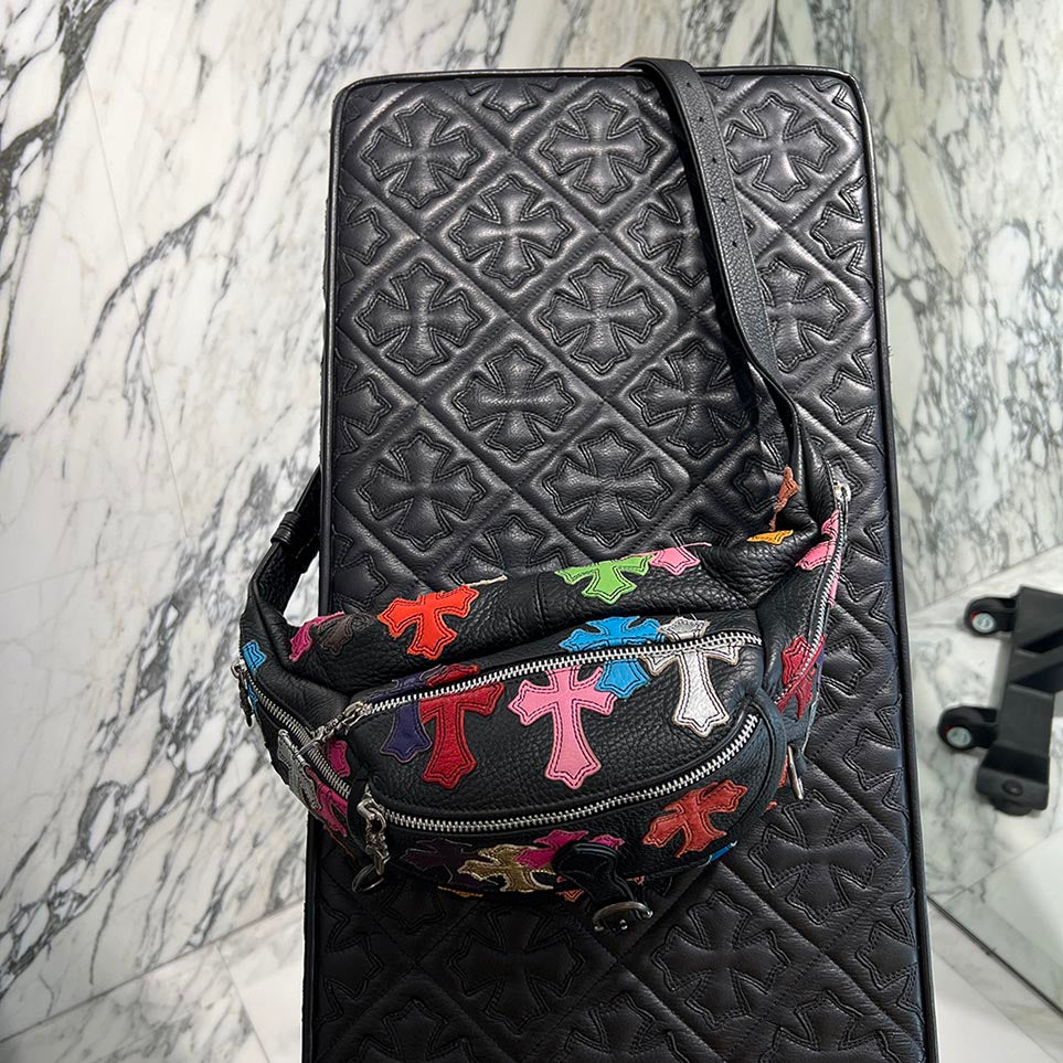 CHROME HEARTS Multi Color Cemetery Cross Patch 1 SNAT PACK MEDIUM LEATHER WAIST BAG クロムハーツ マルチカラー セメタリークロスパッチ 1スナットパック ミディアムレザー ウェストバッグ