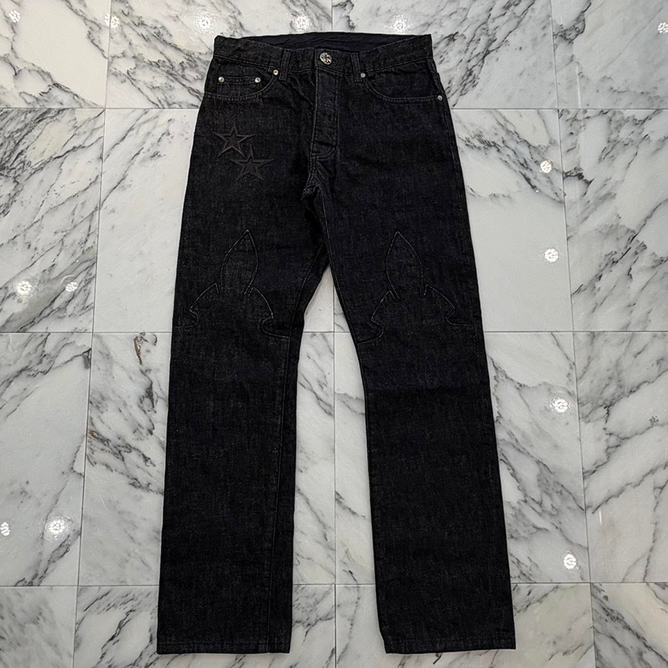CHROME HEARTS Flare Knee Star Leather Patch Denim Pants Size 31