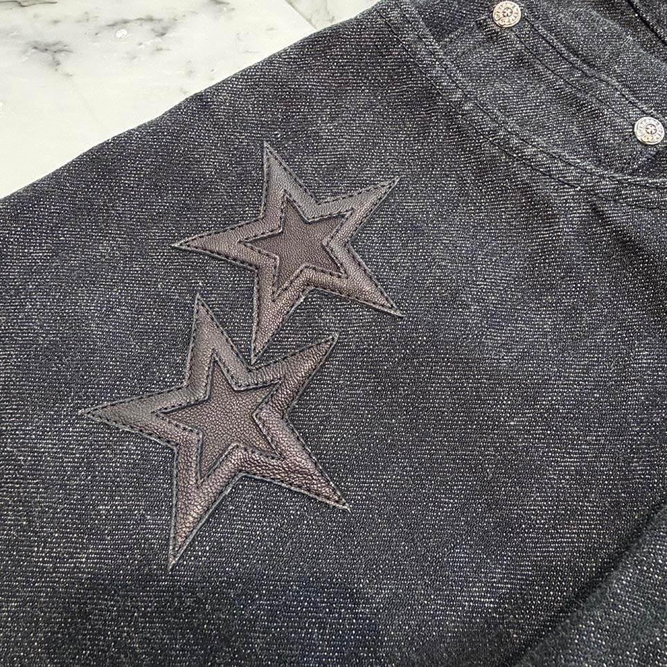 CHROME HEARTS Flare Knee Star Leather Patch Denim Pants Size 31