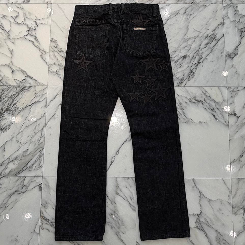 CHROME HEARTS Flare Knee Star Leather Patch Denim Pants Size 31