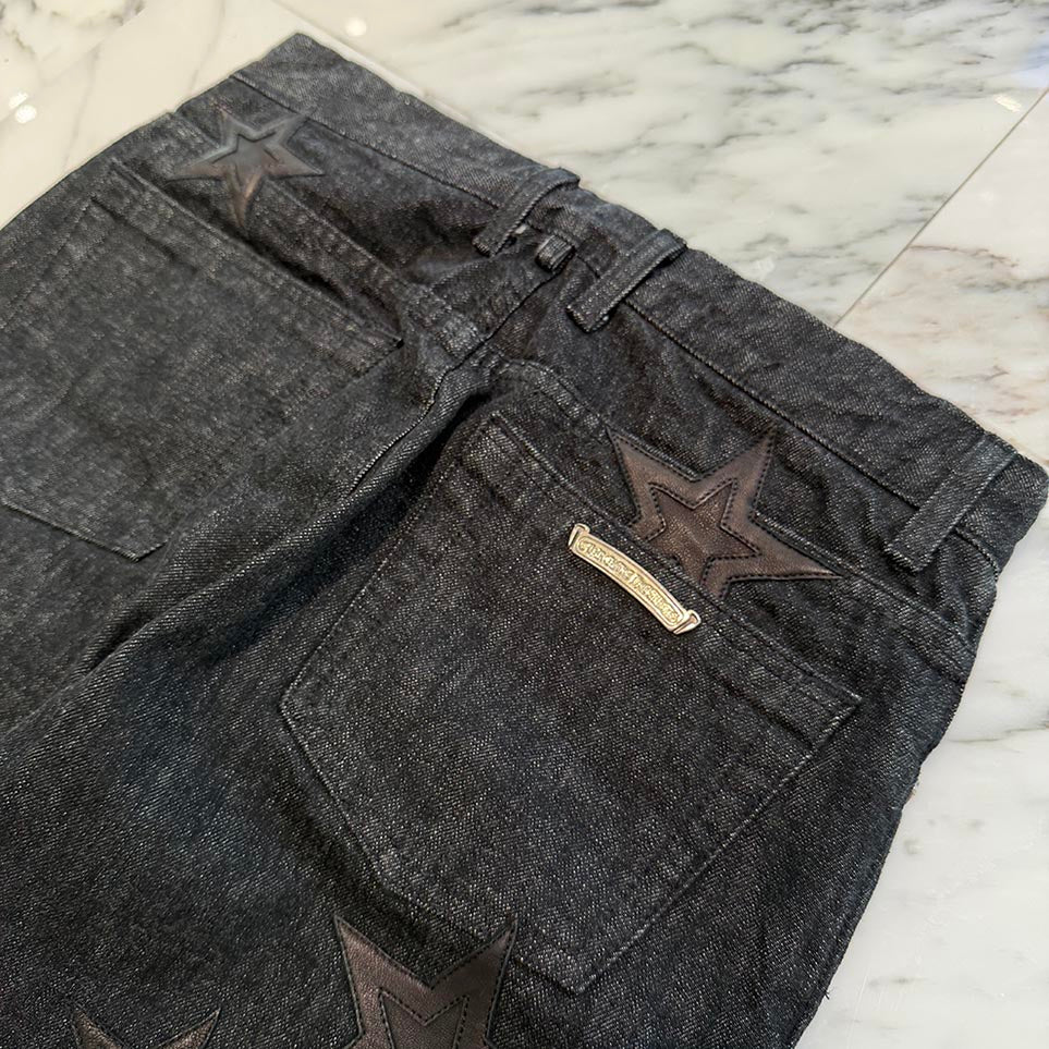 CHROME HEARTS Flare Knee Star Leather Patch Denim Pants Size 31
