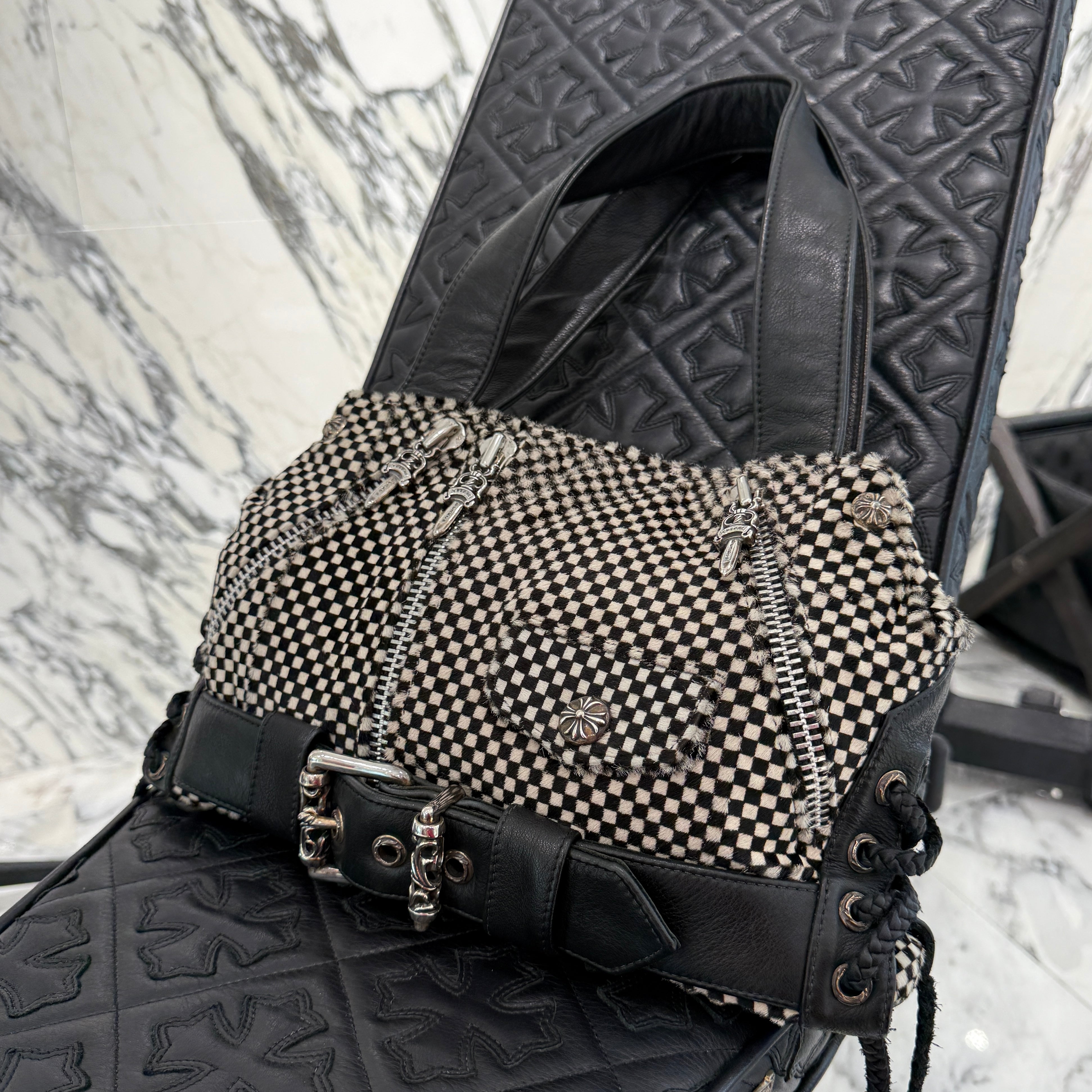 CHROME HEARTS JJ Dean Checkered Pattern Harako Leather Riders Hand Bag クロムハーツ JJ ディーン チェッカー柄 ハラコレザー ライダース ハンドバッグ