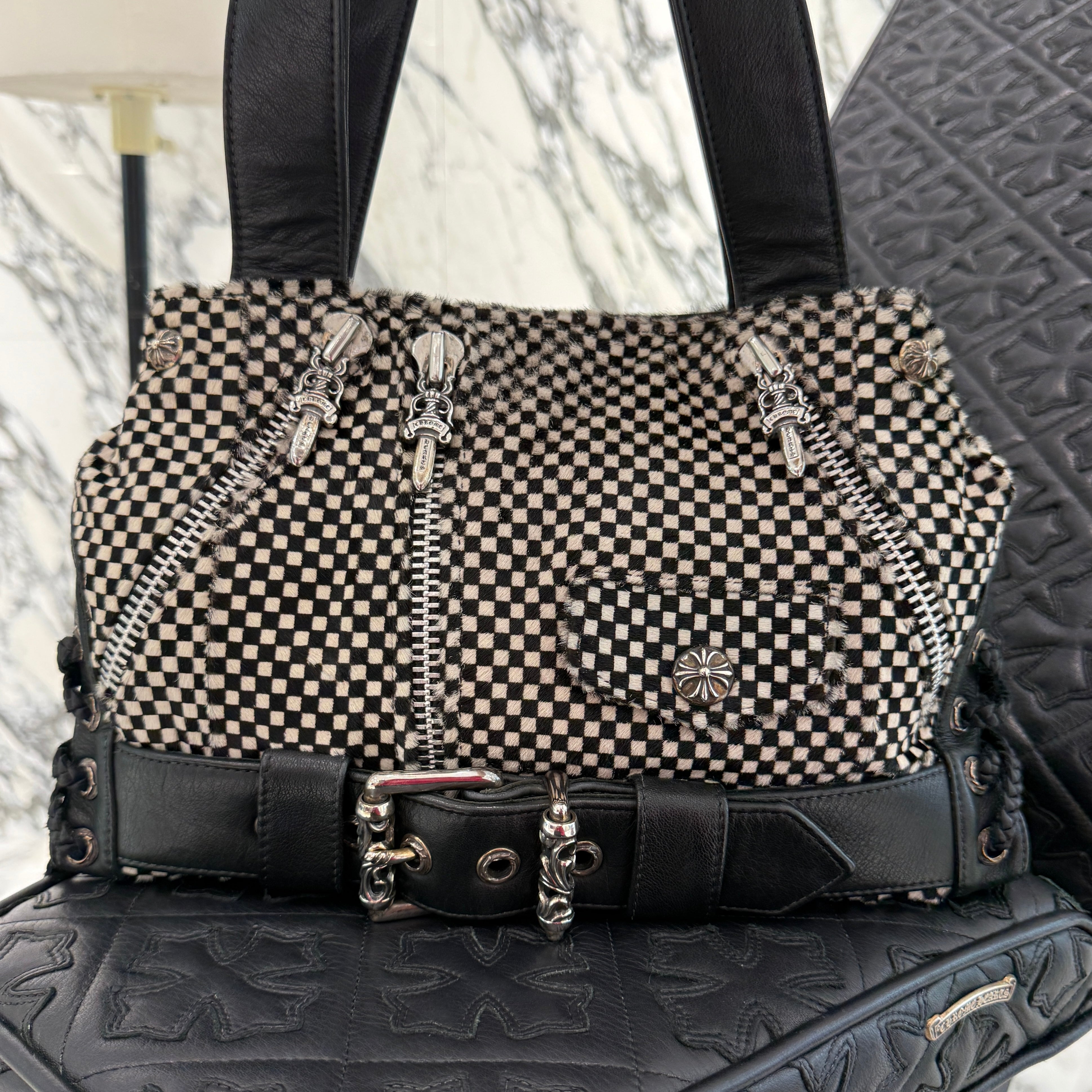 CHROME HEARTS JJ Dean Checkered Pattern Harako Leather Riders Hand Bag クロムハーツ JJ ディーン チェッカー柄 ハラコレザー ライダース ハンドバッグ