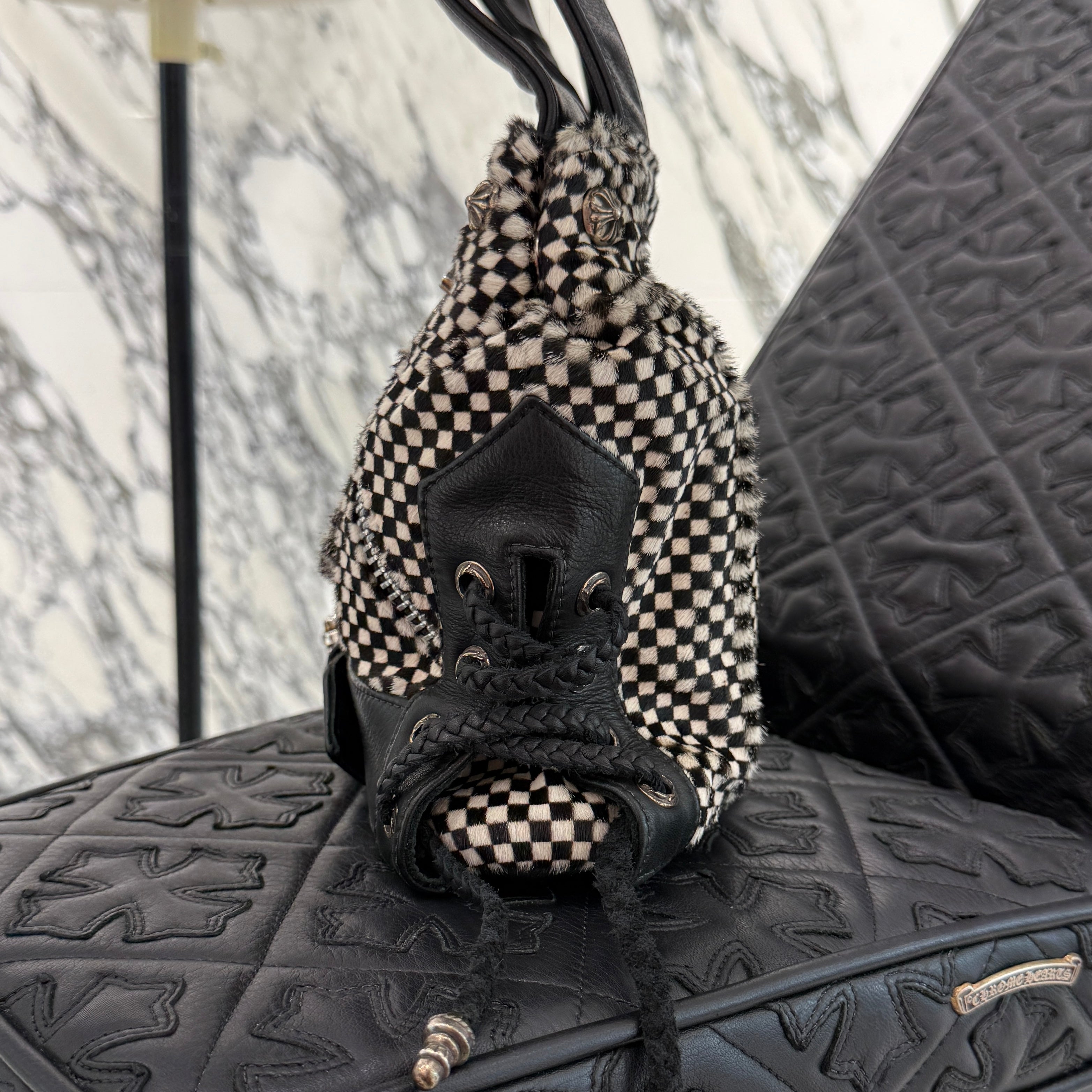 CHROME HEARTS JJ Dean Checkered Pattern Harako Leather Riders Hand Bag クロムハーツ JJ ディーン チェッカー柄 ハラコレザー ライダース ハンドバッグ