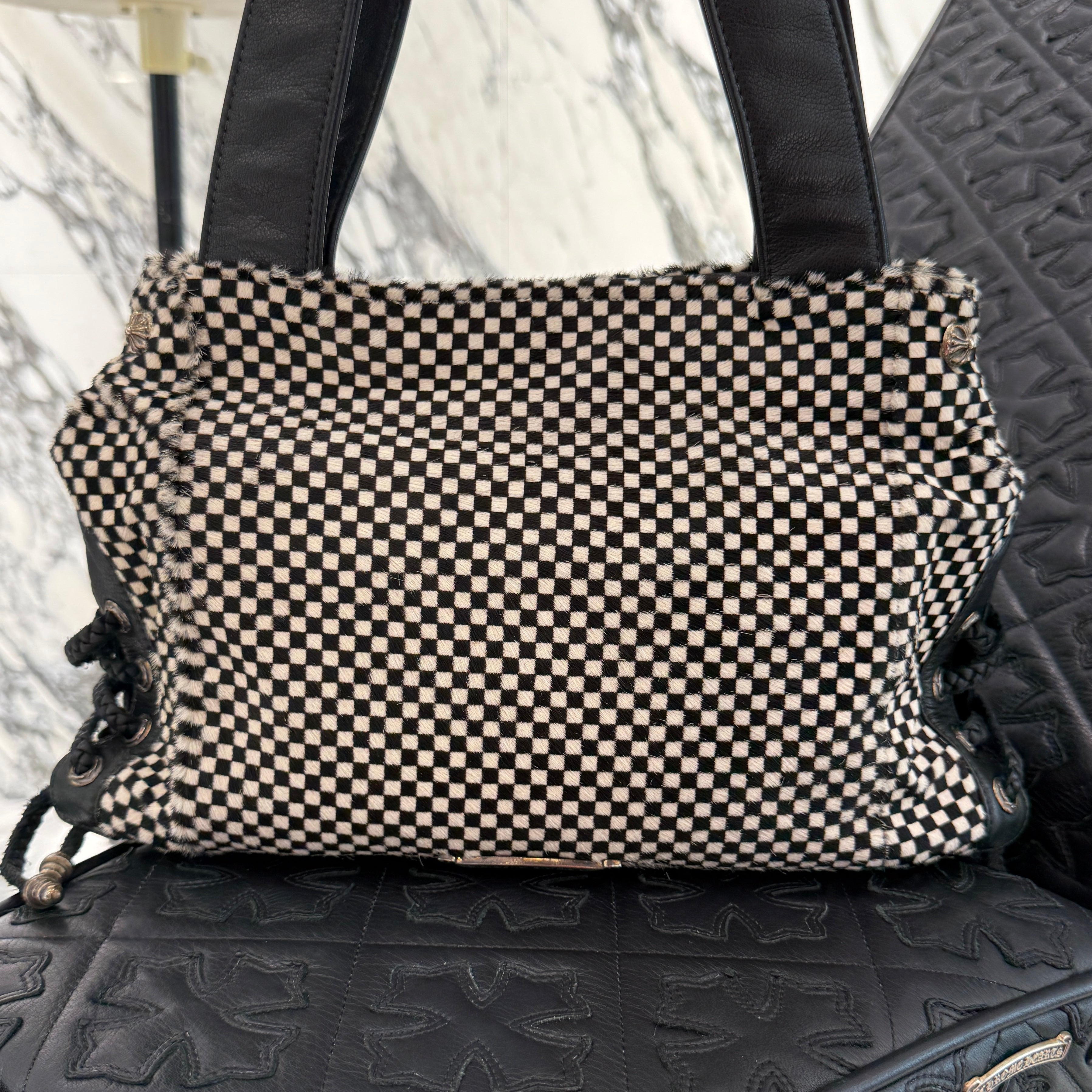 CHROME HEARTS JJ Dean Checkered Pattern Harako Leather Riders Hand Bag クロムハーツ JJ ディーン チェッカー柄 ハラコレザー ライダース ハンドバッグ