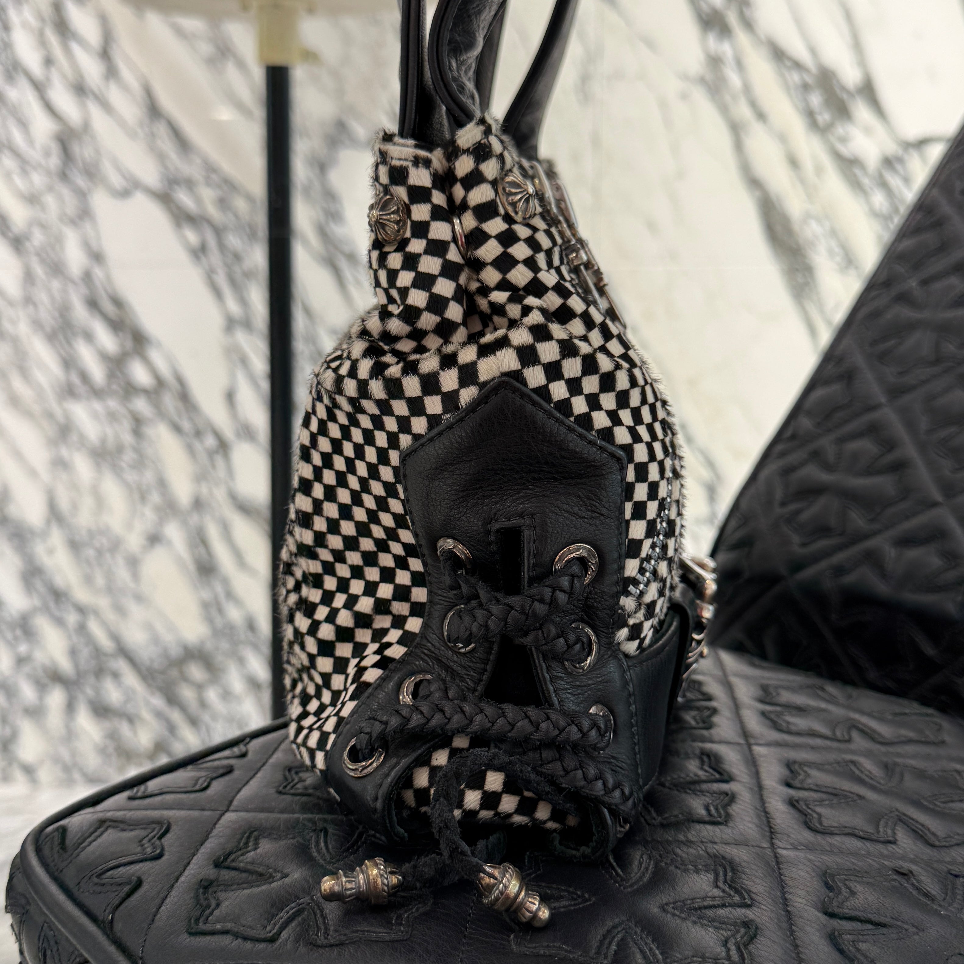 CHROME HEARTS JJ Dean Checkered Pattern Harako Leather Riders Hand Bag クロムハーツ JJ ディーン チェッカー柄 ハラコレザー ライダース ハンドバッグ